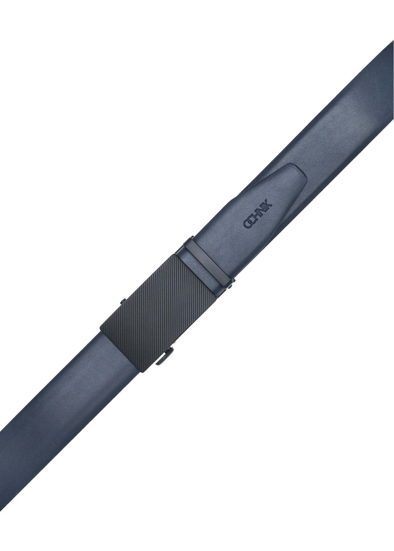 Men's navy blue leather belt PASMS-0269-7E(W26), top view of the product on a white background.