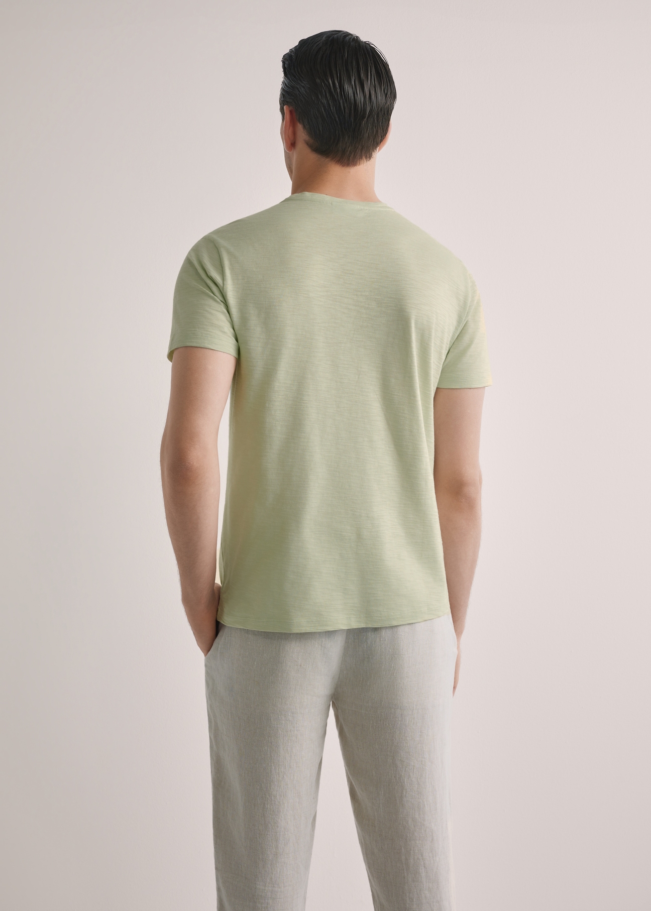 Men's sage cotton T-shirt TSHMT-0149-8F(W26), back view of the product on the model. Half of the silhouette visible.