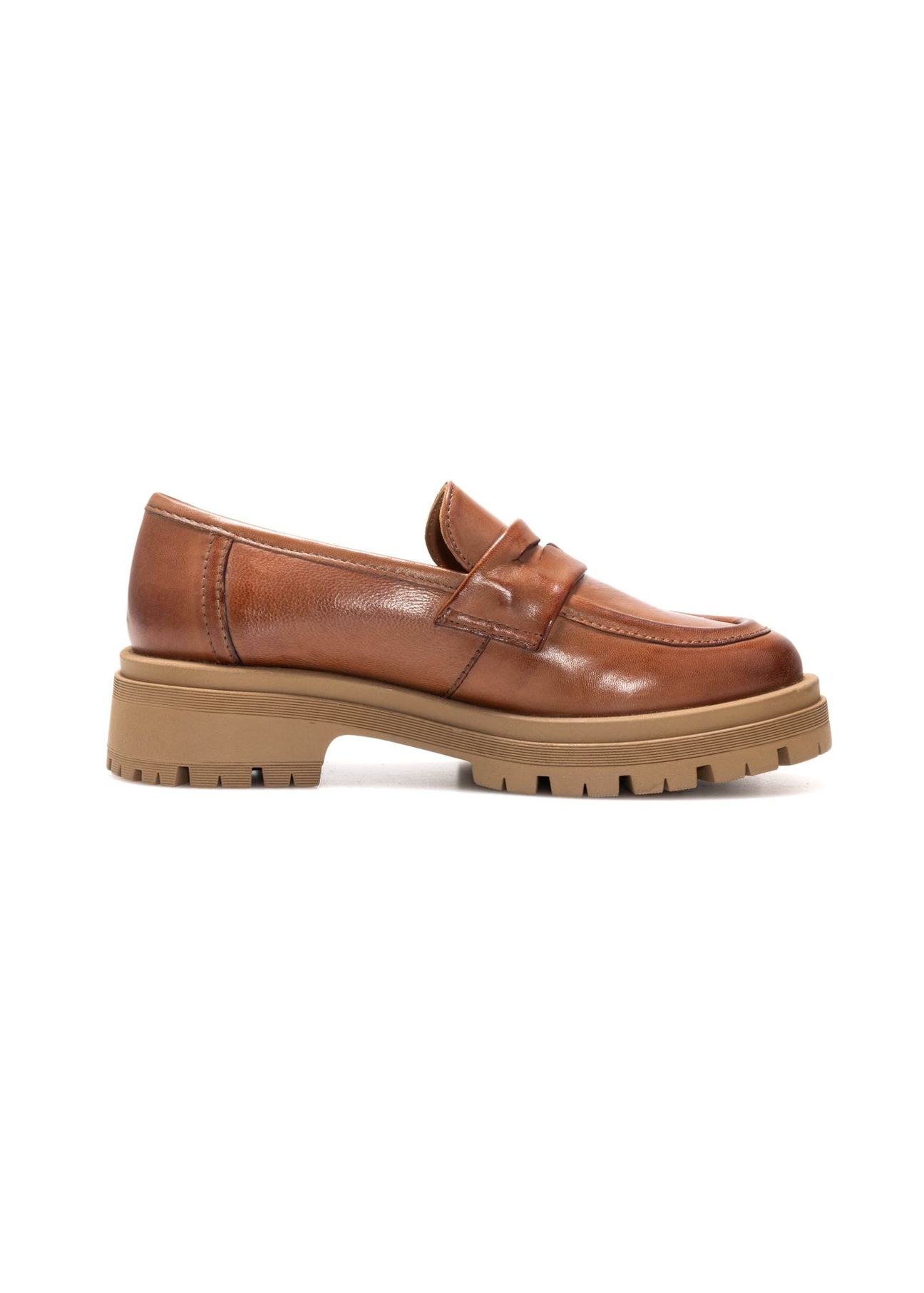 Women's leather moccasins in cognac color BUTYD-1187-1F(Z26), side view of the product on a white background.