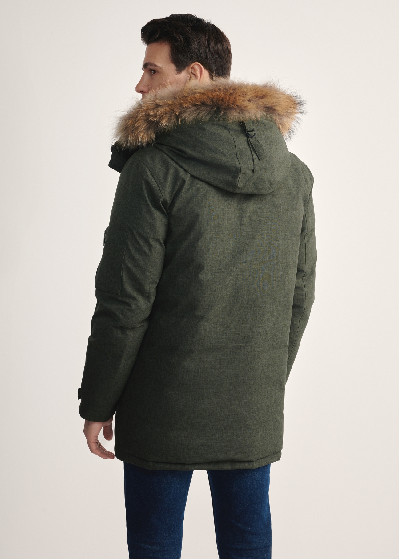 Men's winter jacket in olive green KURMT-0395-51(Z25) - back view of the product model on a white background. Half of the silhouette visible.
