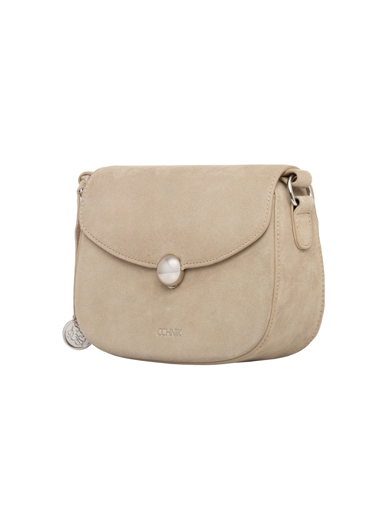 Small women's suede handbag in cool beige TORES-1405-1K(Z26). Side view, diagonal, on a white background.