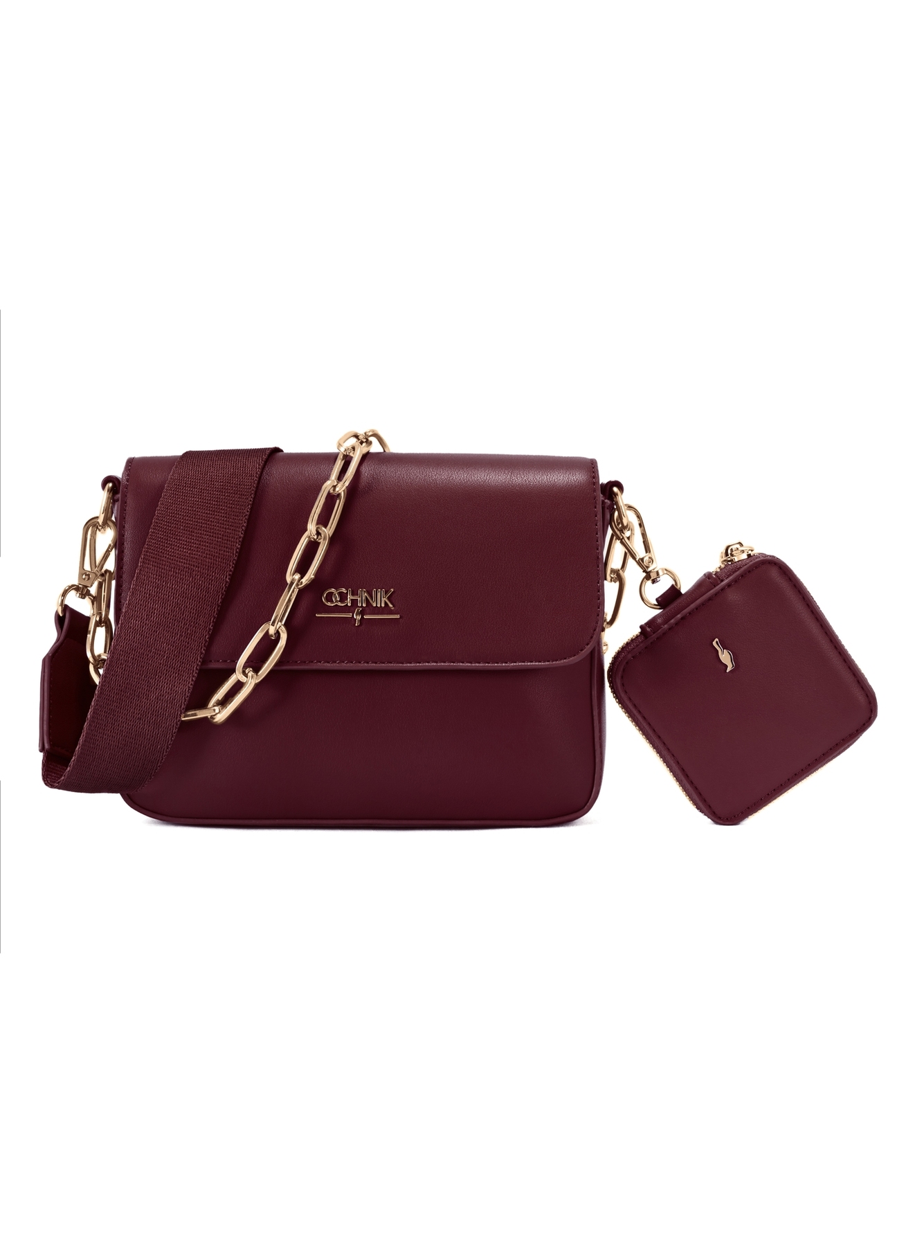 Women's burgundy messenger bag with chain TOREC-0767C-49(Z25), product view from the front on a white background.