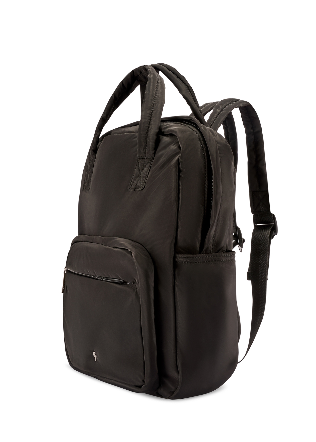 Black nylon women's backpack TOREN-0341-99(W26), diagonal product view on white background.
