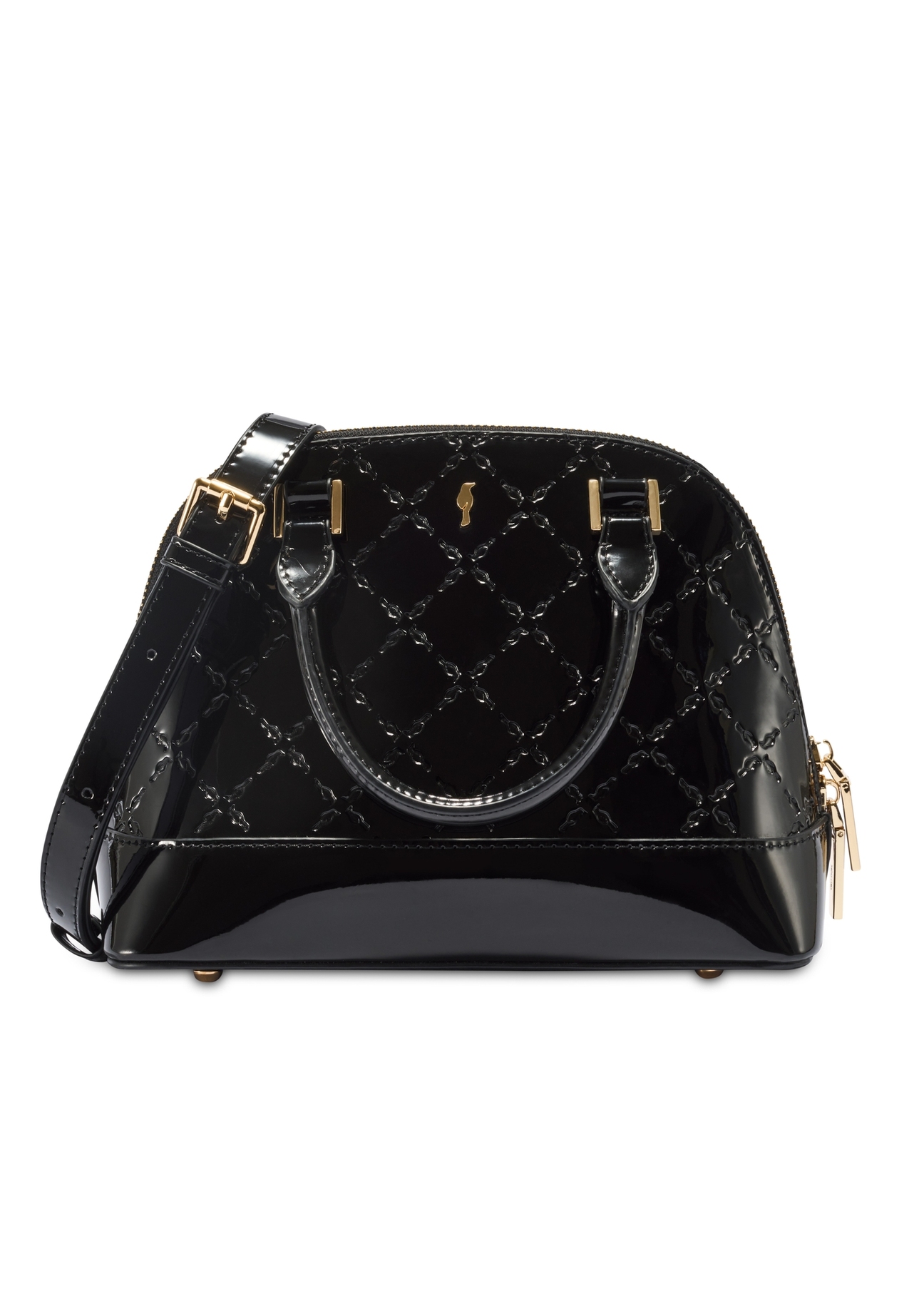 Black glossy women's handbag TOREC-1110-99(Z25), product view with detachable strap on white background.