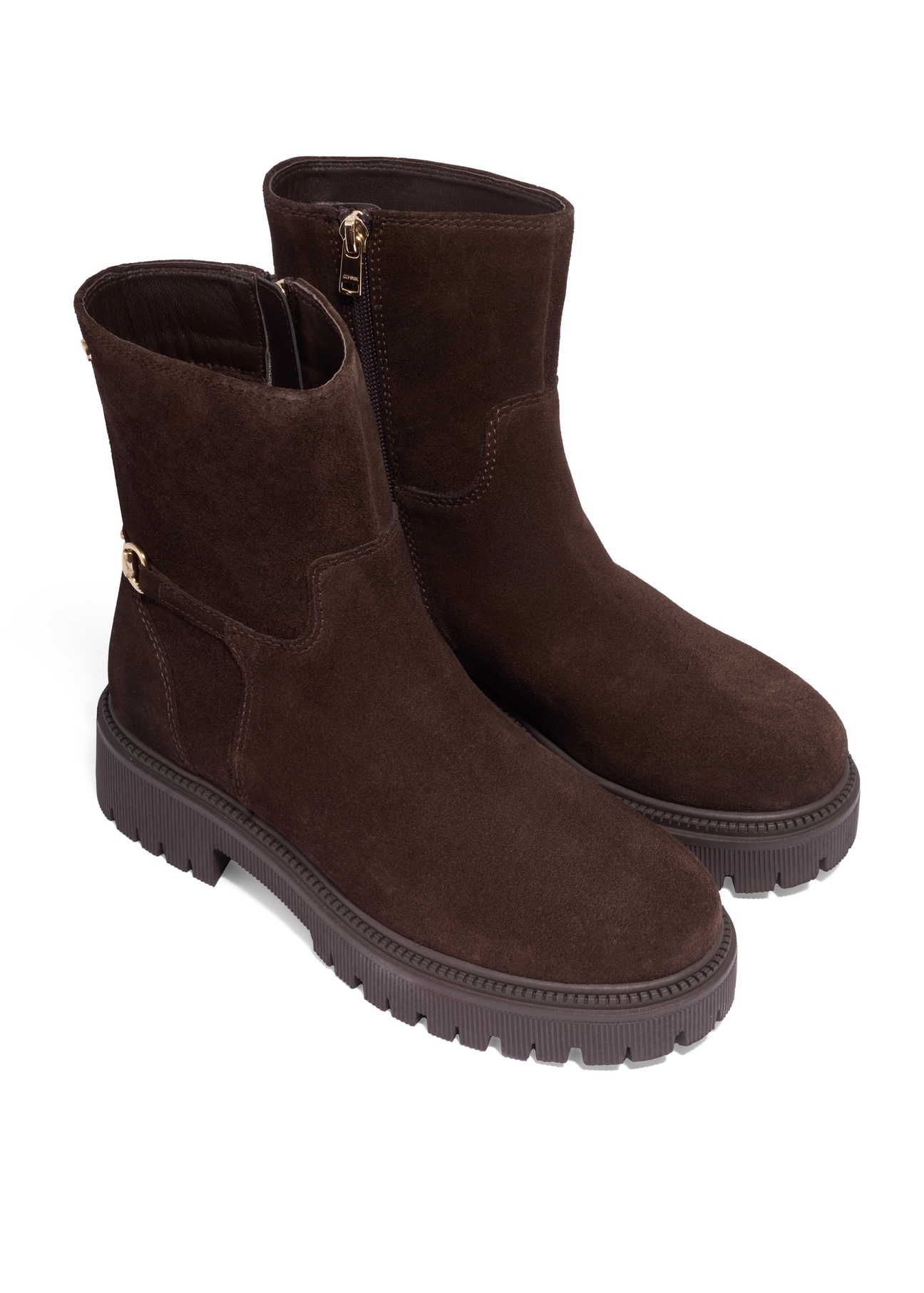Dark brown suede women's ankle boots BUTYD-1282-1I(Z26), diagonal product view on white background.