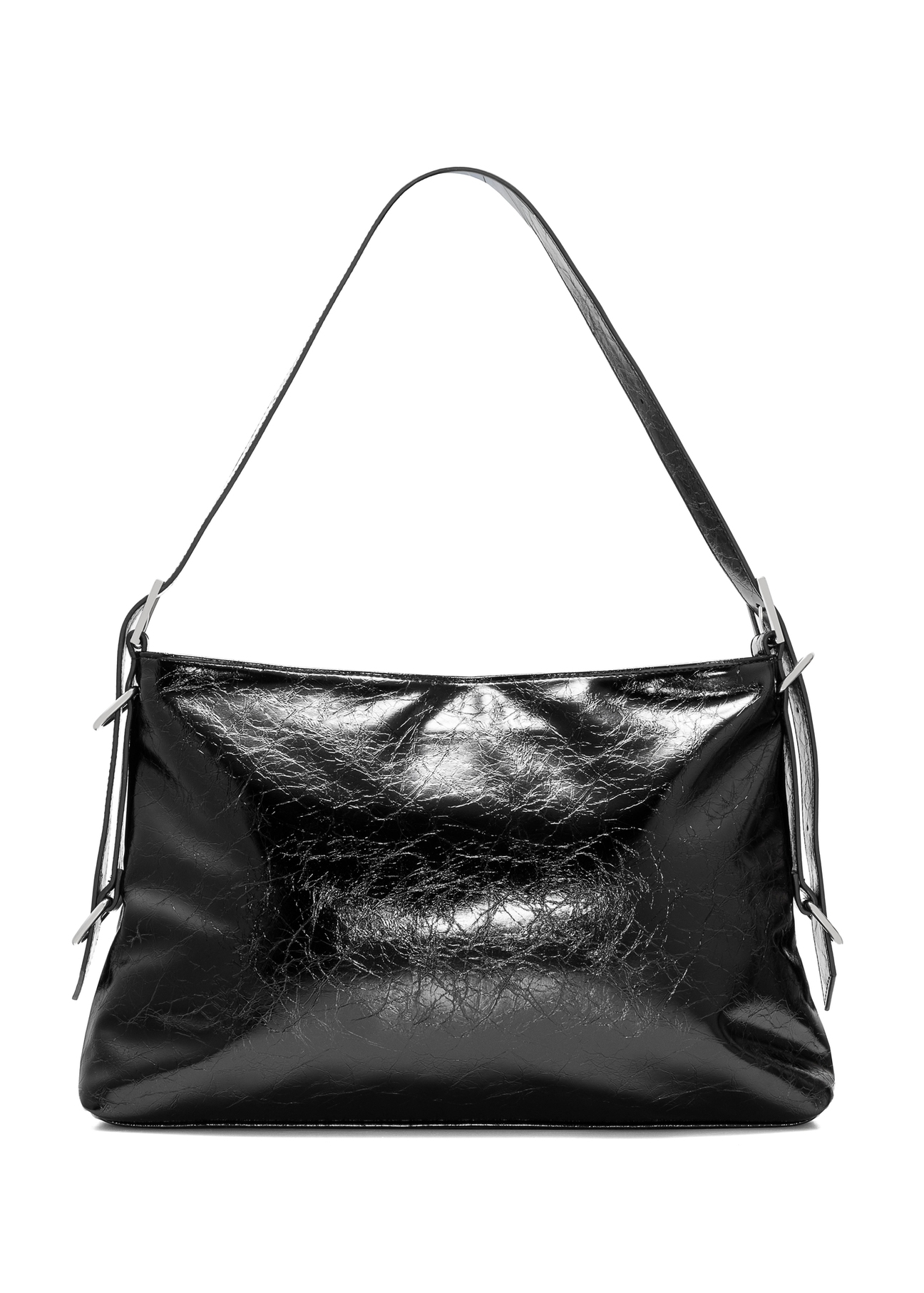Black patent leather women's handbag TOREC-1073-99(Z25), product view from the back on a white background.