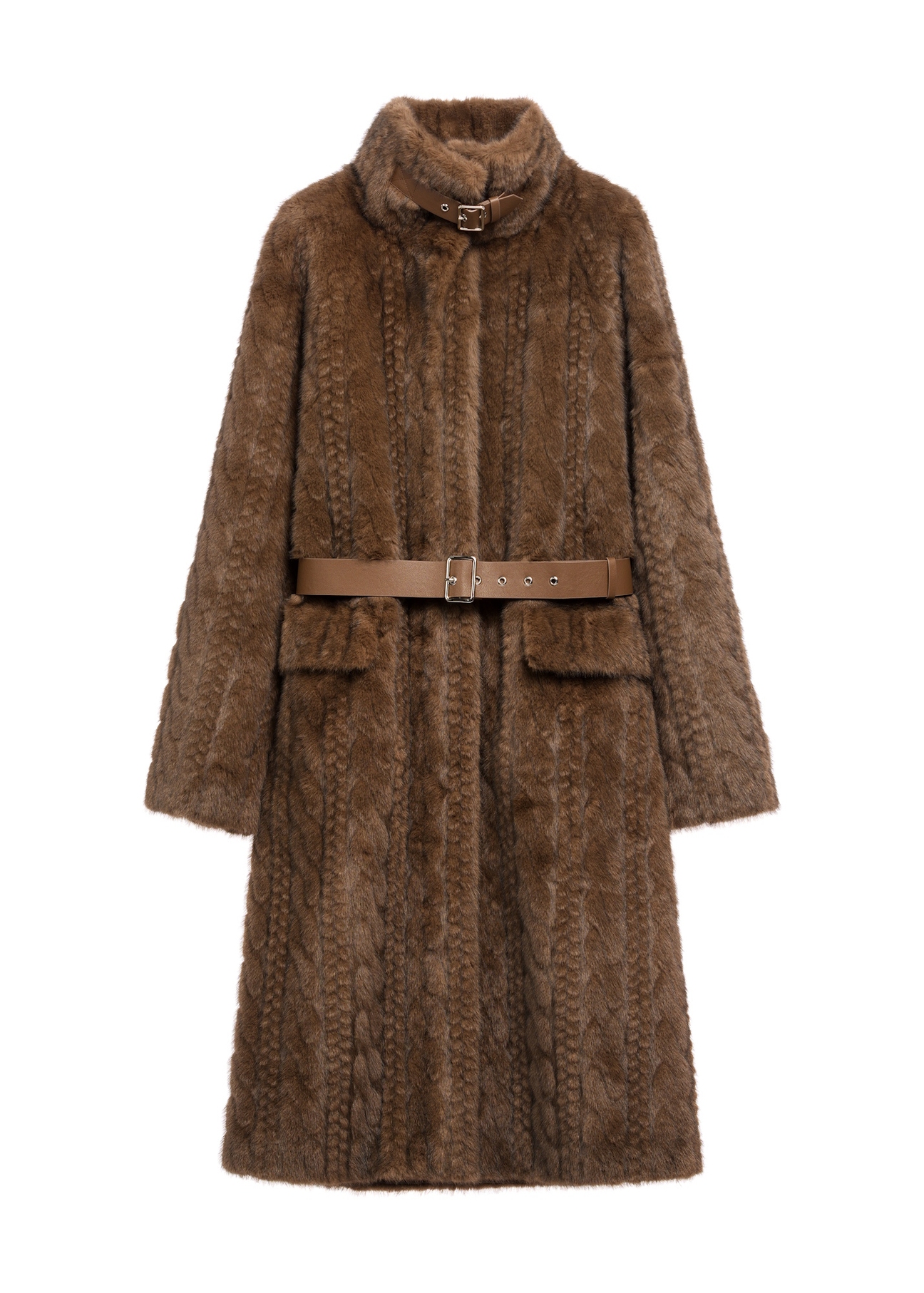 Brown long women's fur coat FUTDP-0065-89(Z25) - front product view on white background.