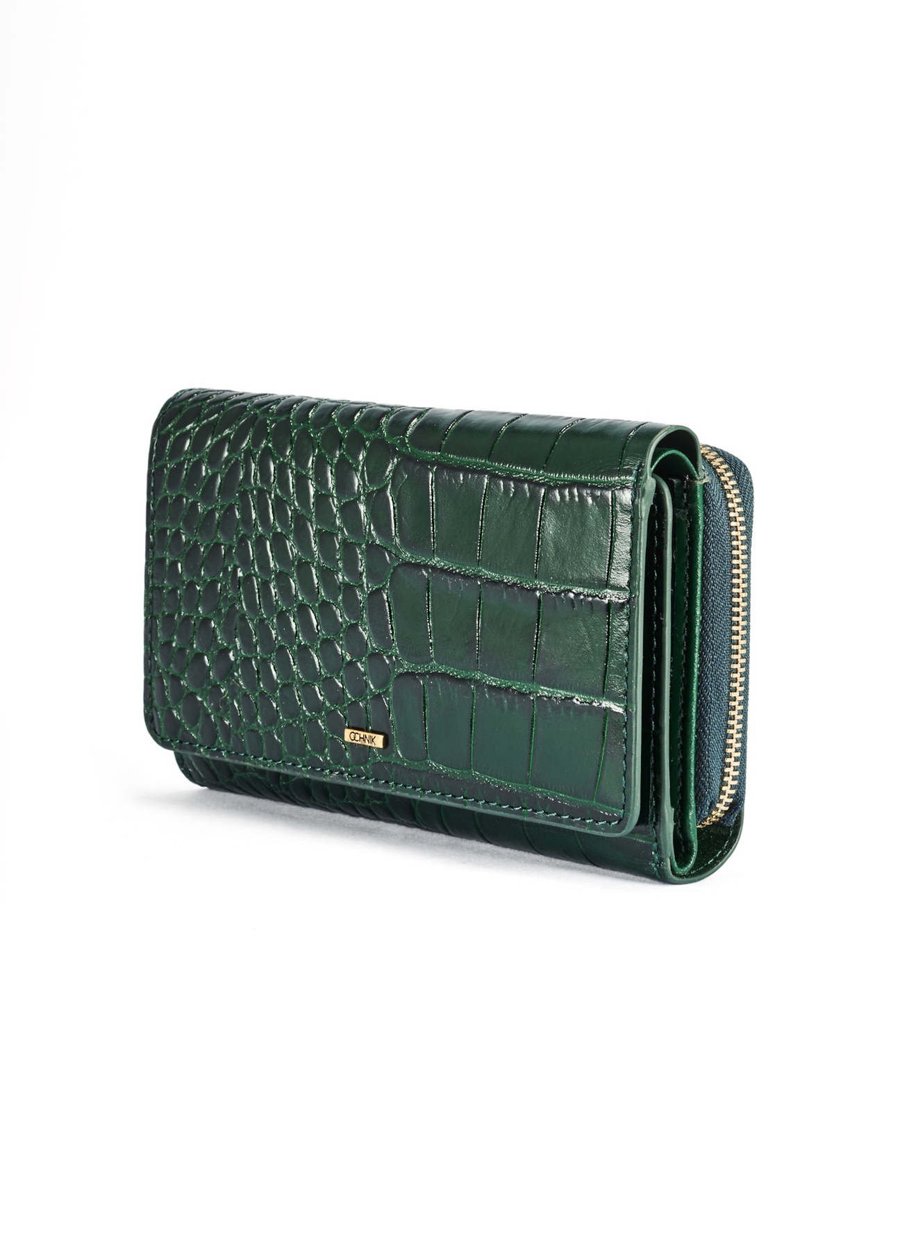 Dark green croco women's wallet PORES-0951-51(W25) - diagonal product view on white background.