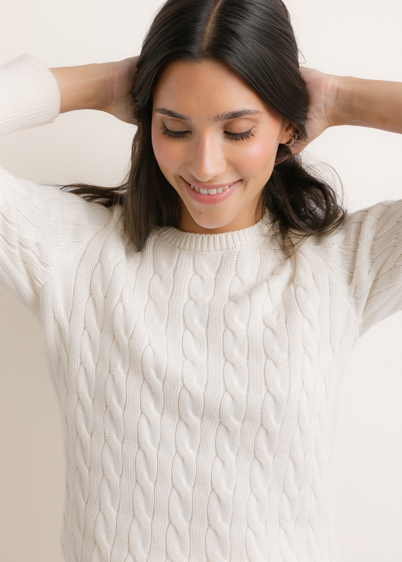 Cream cotton women's sweater SWEDT-0269-0B(Z26), front view on a model. Half-body shot.