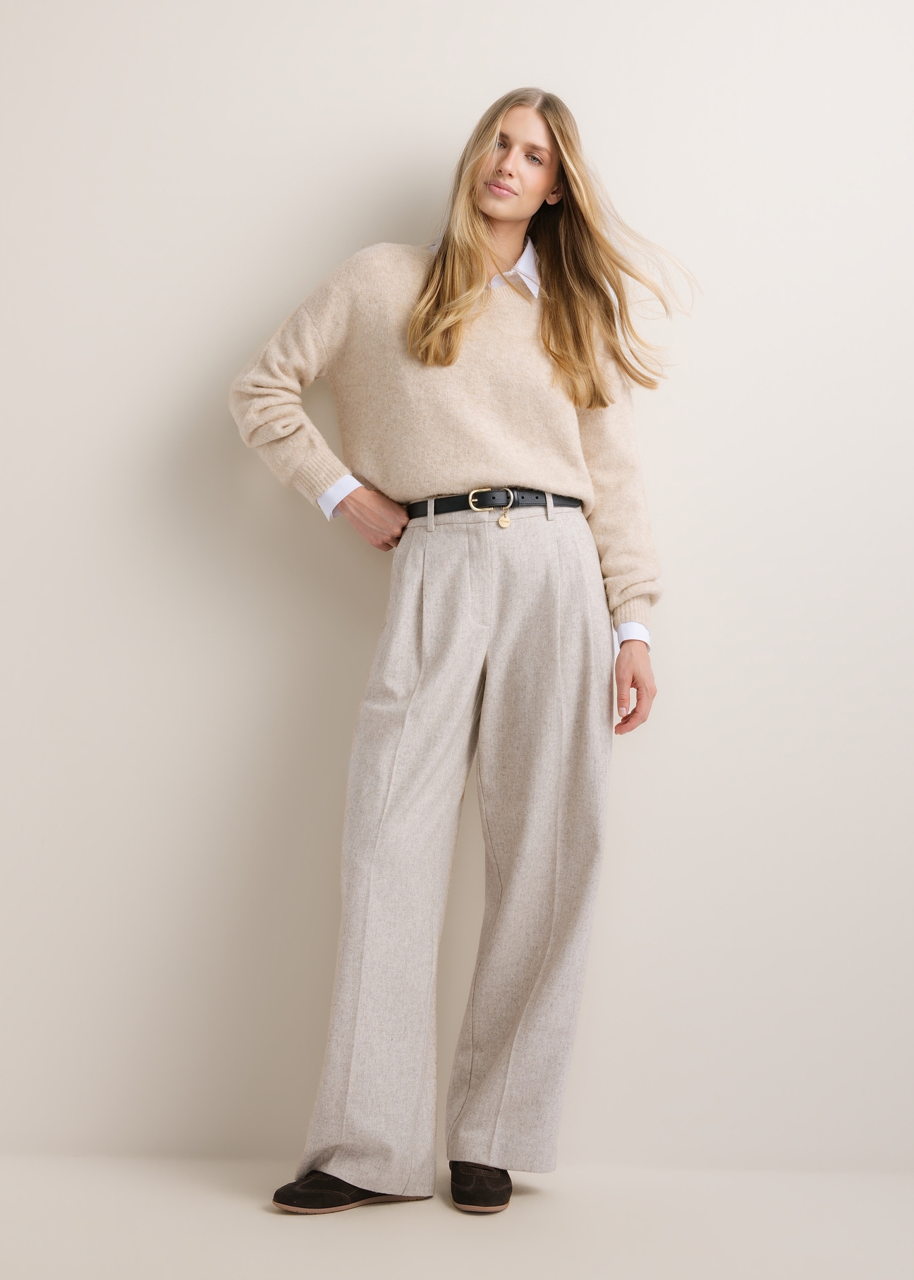 Light beige women's sweater with a wool blend (SWEDT-0271-1A(Z26)), front view on a model. Full-body shot.
