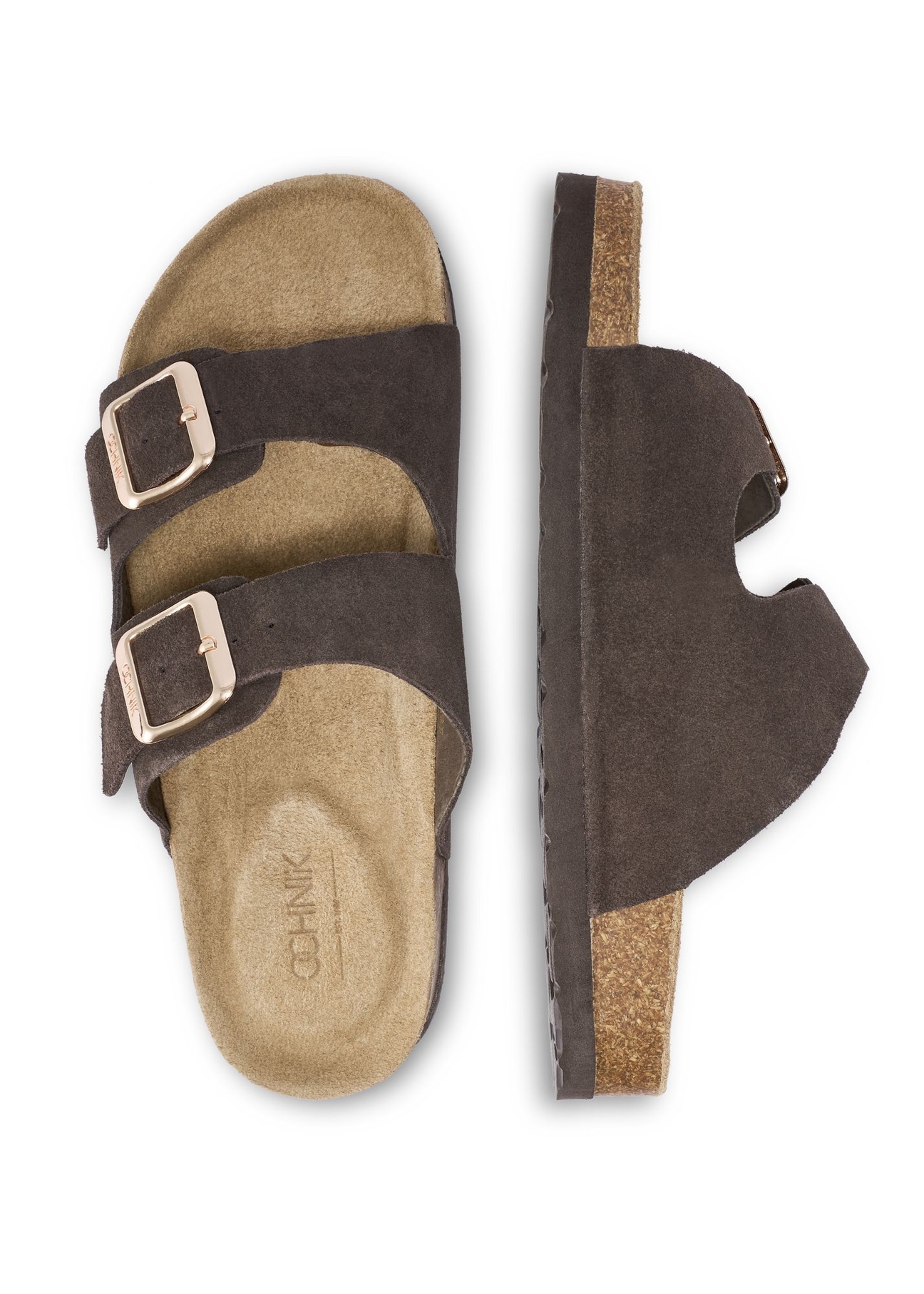 Women's dark brown leather flip-flops BUTYD-1158-1I(W26) - product view from above, on a white background.