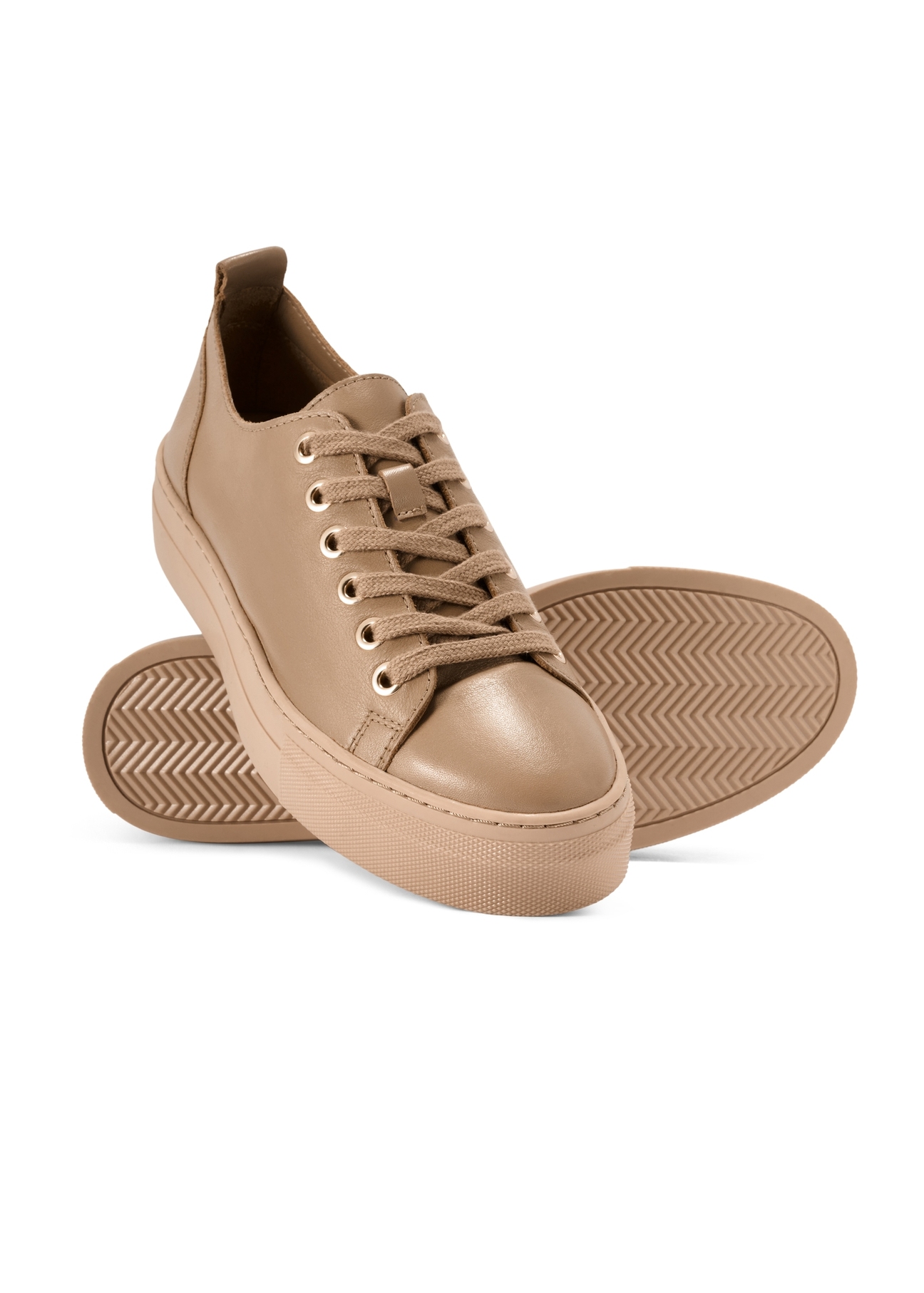 Beige women's leather sneakers BUTYD-1062-1B(W26) - front top view of the product, on a white background.