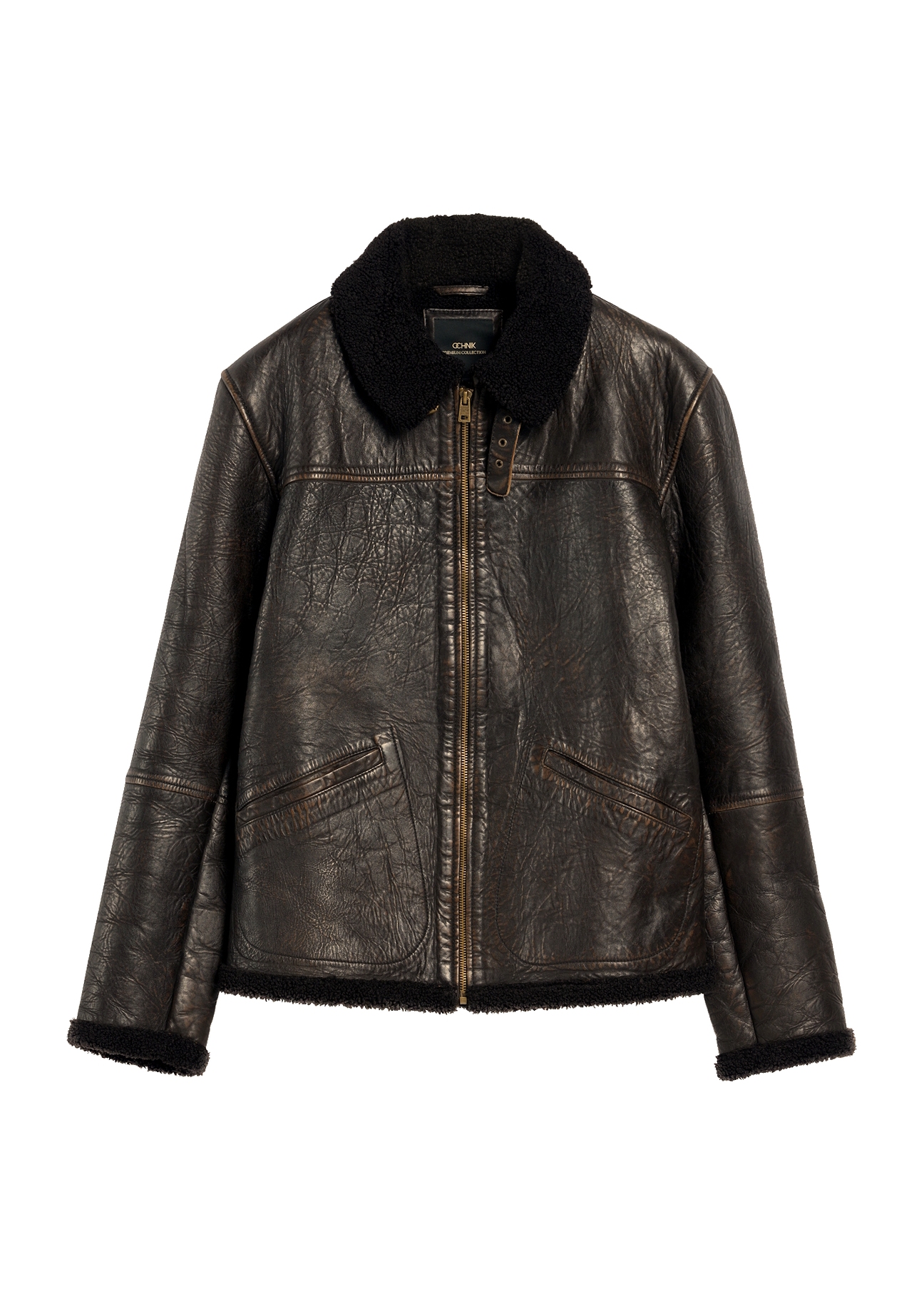 Brown men's leather jacket with sheepskin KURMS-0386-0704(Z25)