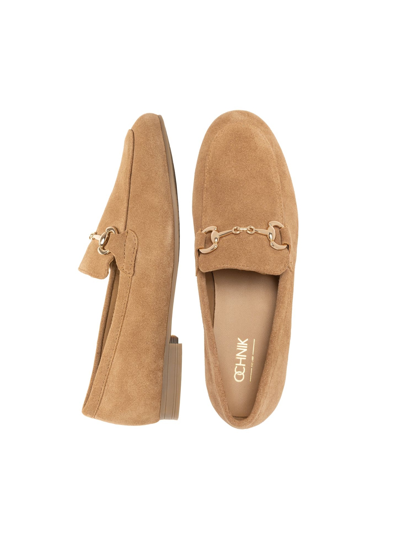 Beige suede women's moccasins BUTYD-1257-1B(W26) - product view from above, on a white background.