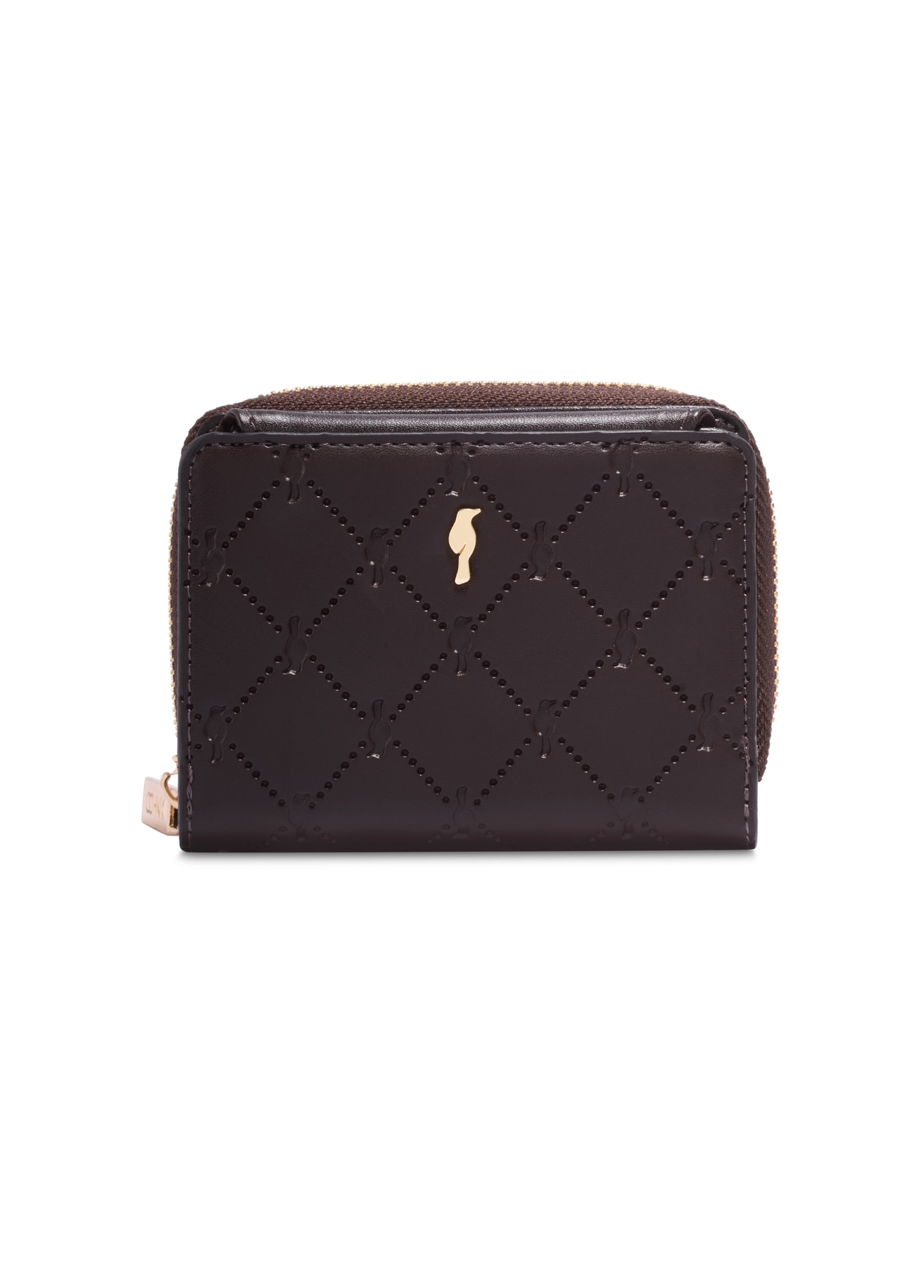 Small brown women's wallet with monogram POREC-0349A-1I(Z26), front product view on white background.