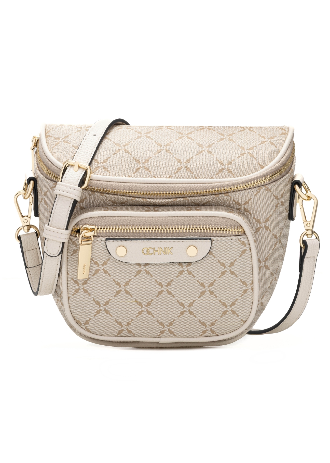 Cream women's waist bag with monogram TOREC-1157-0P(W26) - front product view, on a white background.