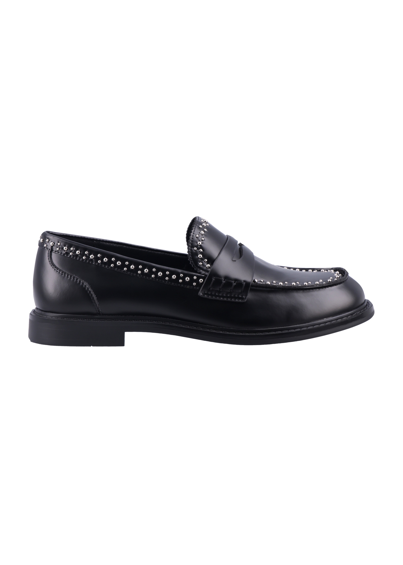 Women's leather moccasins in black BUTYD-1326-9F(Z26), side view of the product on a white background.