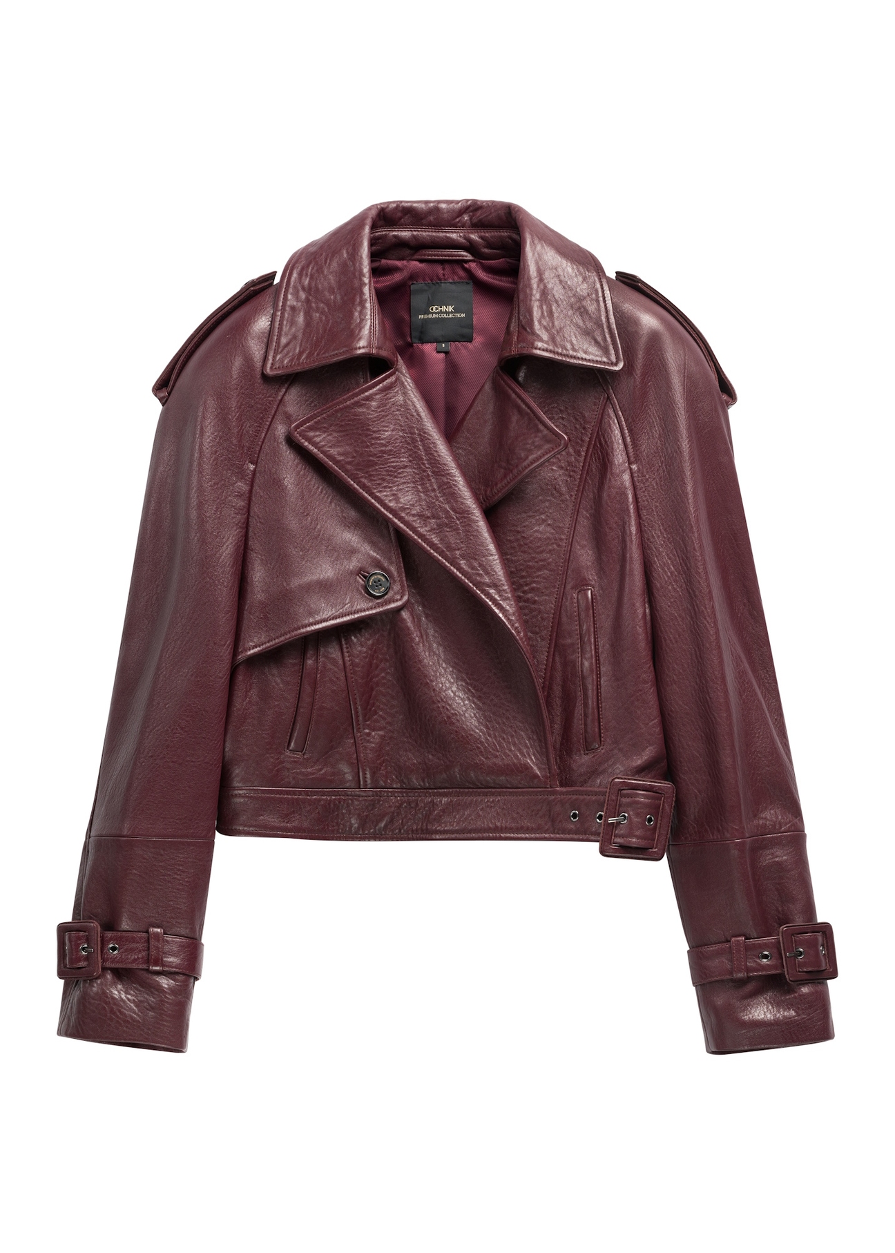 Burgundy women's leather short jacket KURDS-0615-4E(Z26), front product view on white background.
