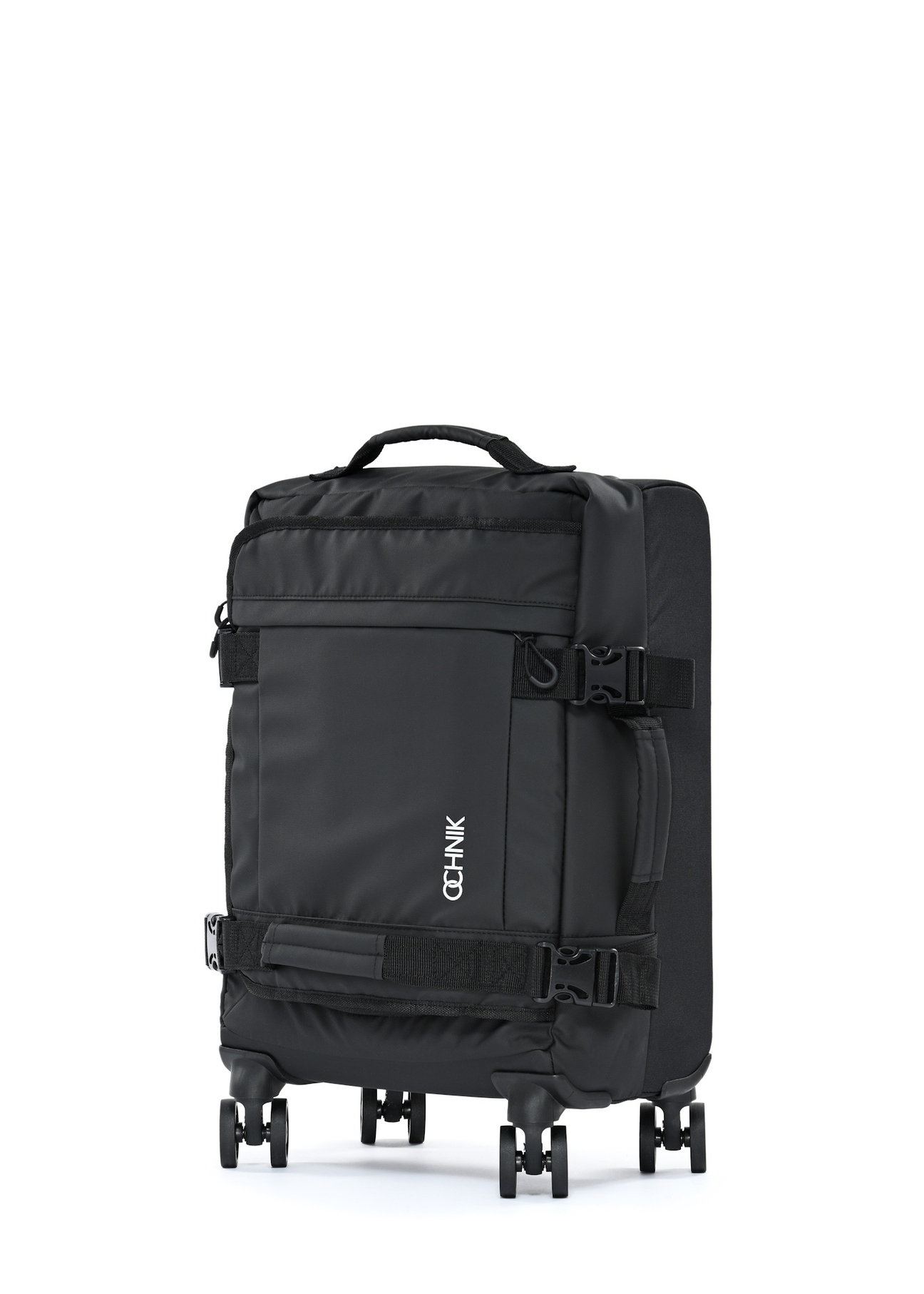 Small suitcase on wheels WALNY-0043-99-19(W25) in black with the logo, diagonal view, on a white background.