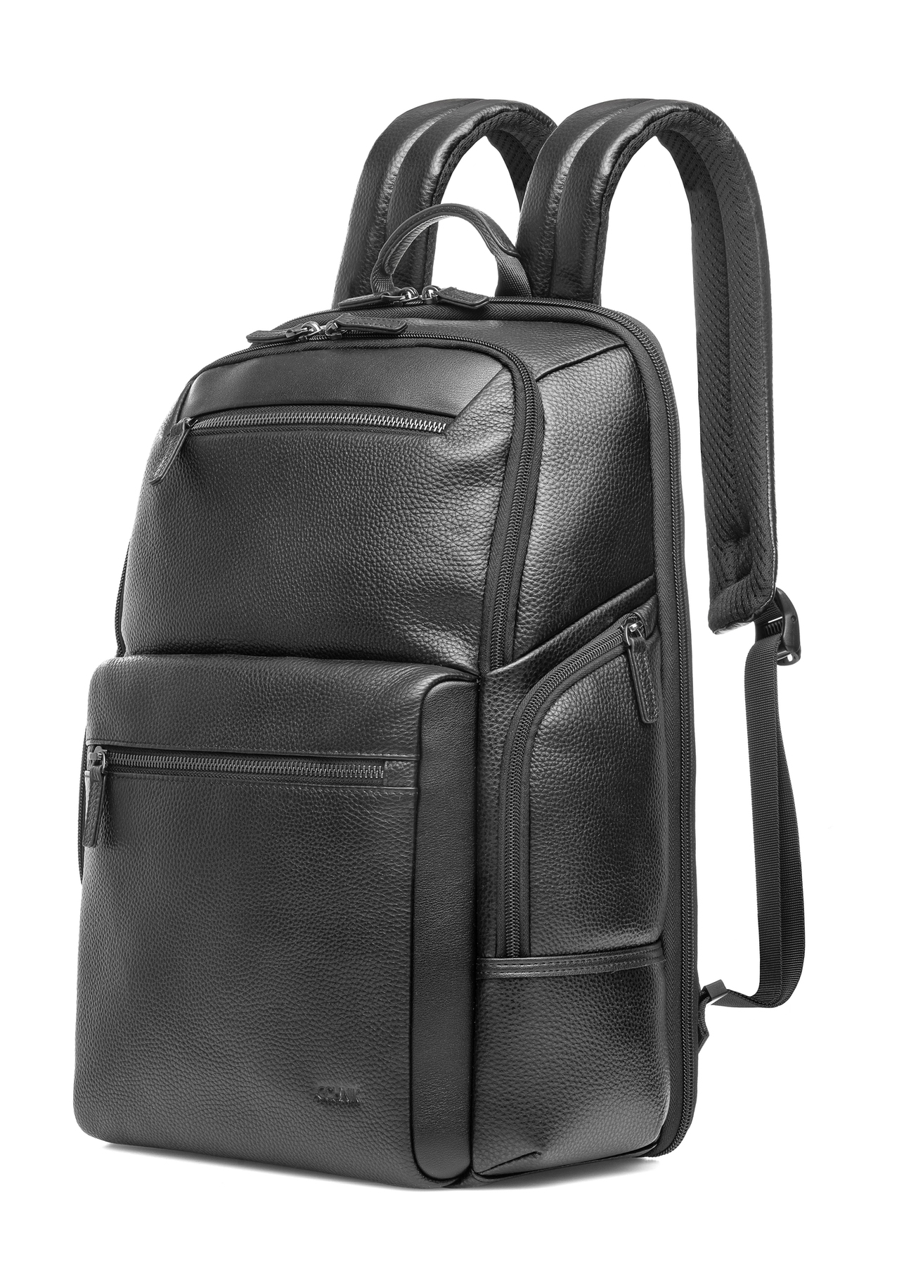 Black spacious leather backpack PLCMS-0023-99(Z25), diagonal product view on a white background.