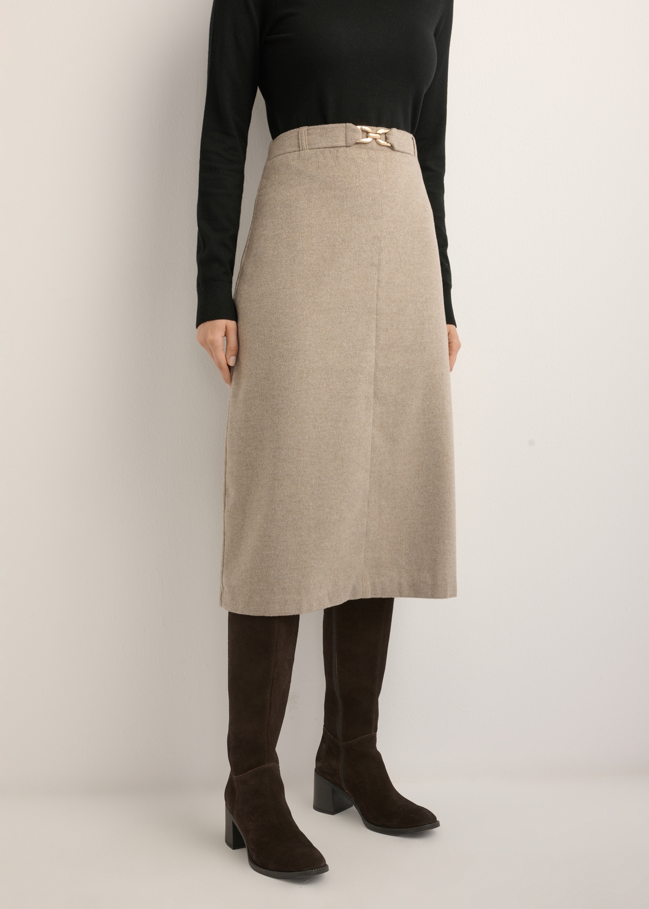 Beige A-line Midi Skirt with Wool SPCDT-0136-1J(Z26)