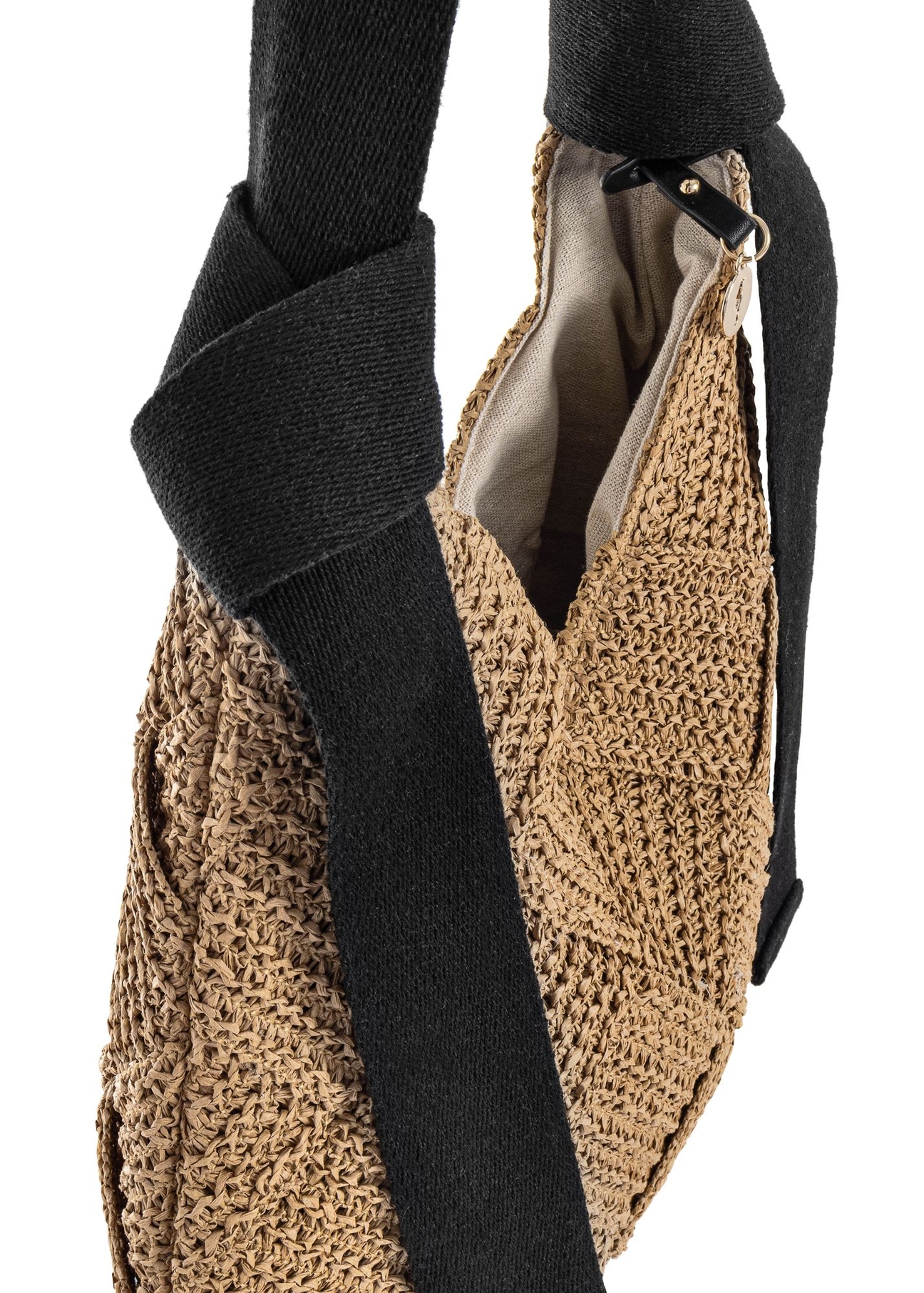 Beige women's handbag made of natural fiber TOREC-1039-1E(W26) - close-up of detail, on white background.