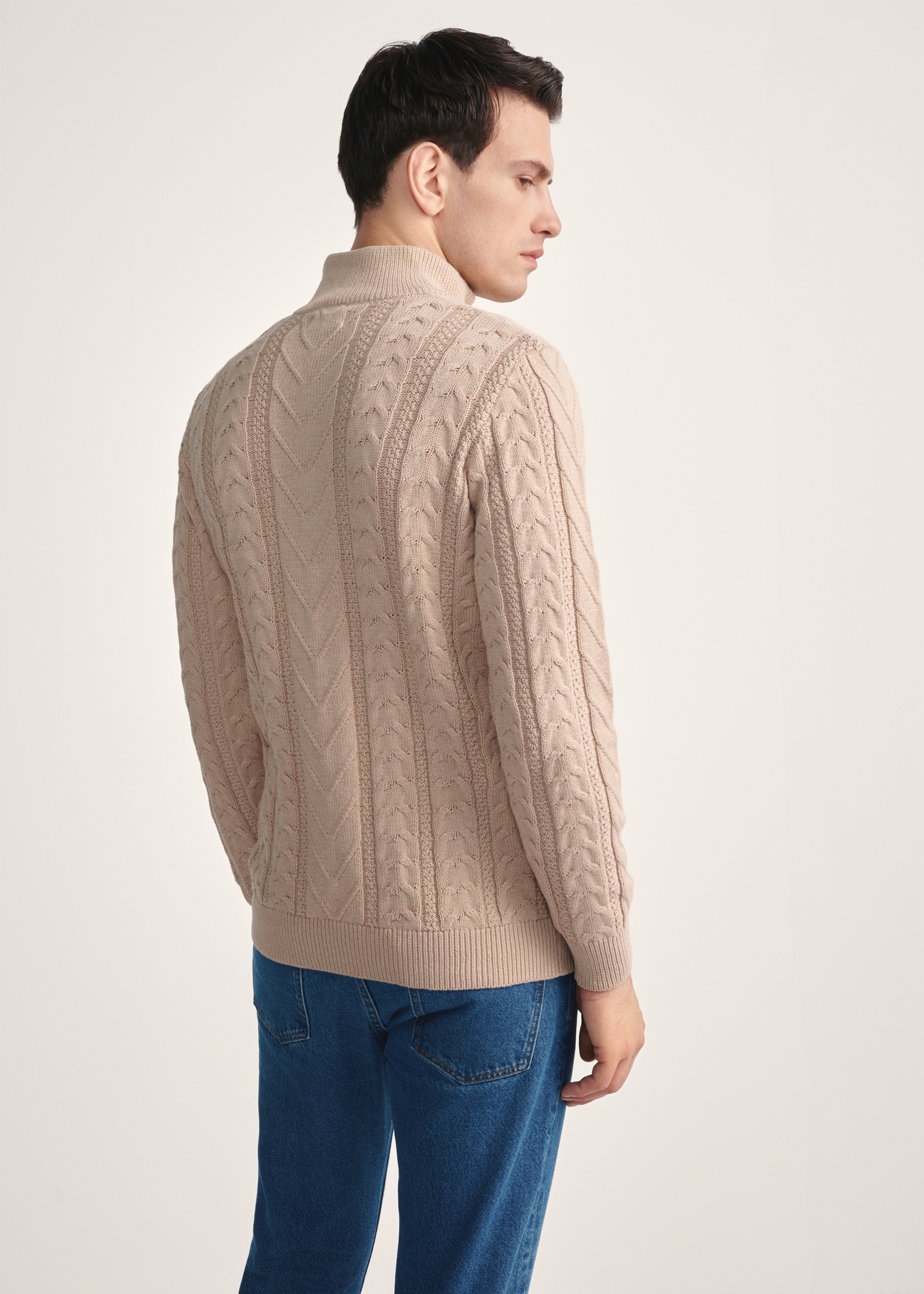 Beige men's sweater with zipper SWEMT-0180-81(Z25), product view from the back on the model. Half of the silhouette visible.