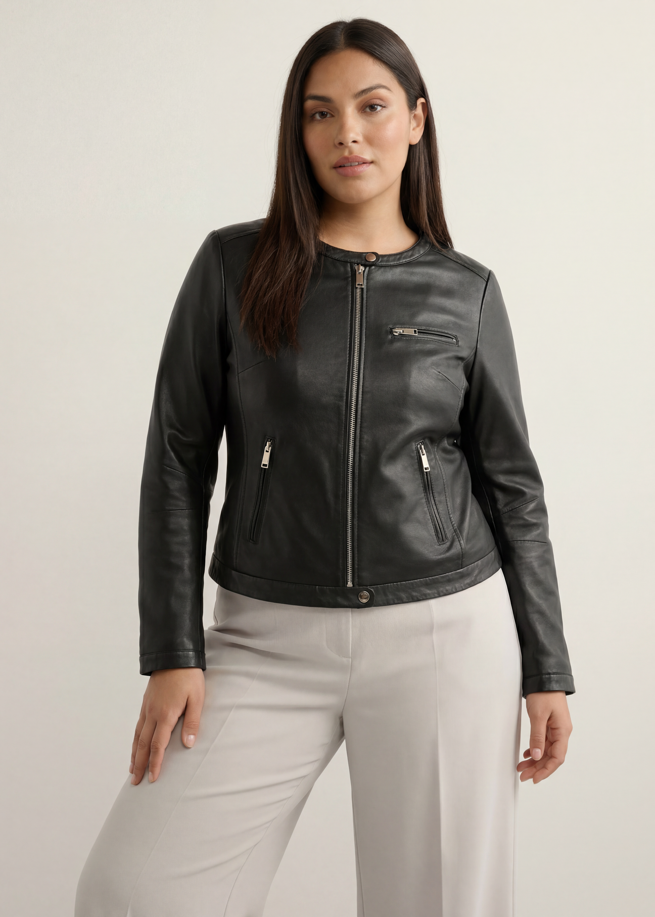 Black women's leather jacket KURDS-0154L-99(W26), product view from the front on the model.