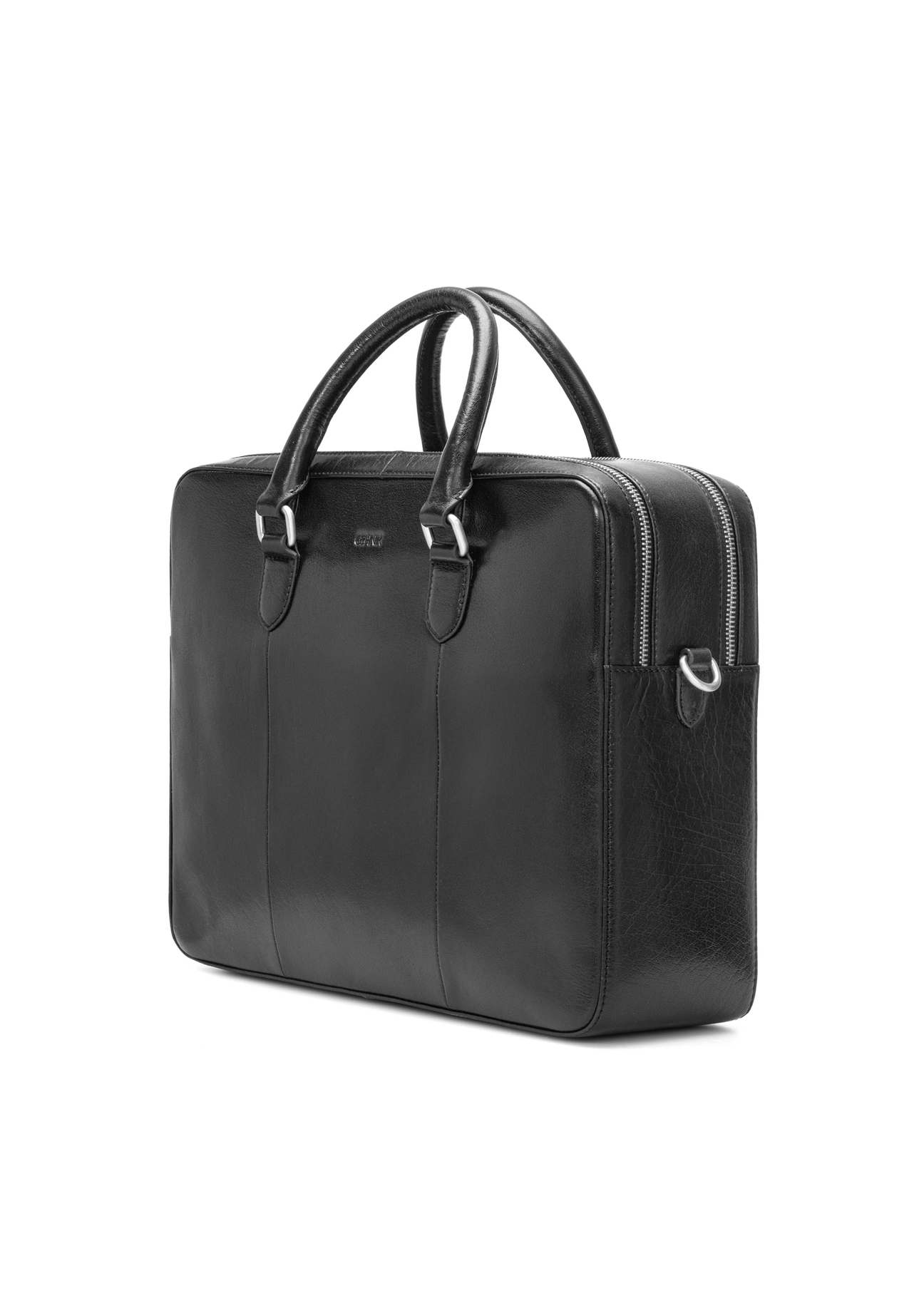 Black leather men's briefcase TORMS-0507-99(W26) - diagonal product view, on a white background.