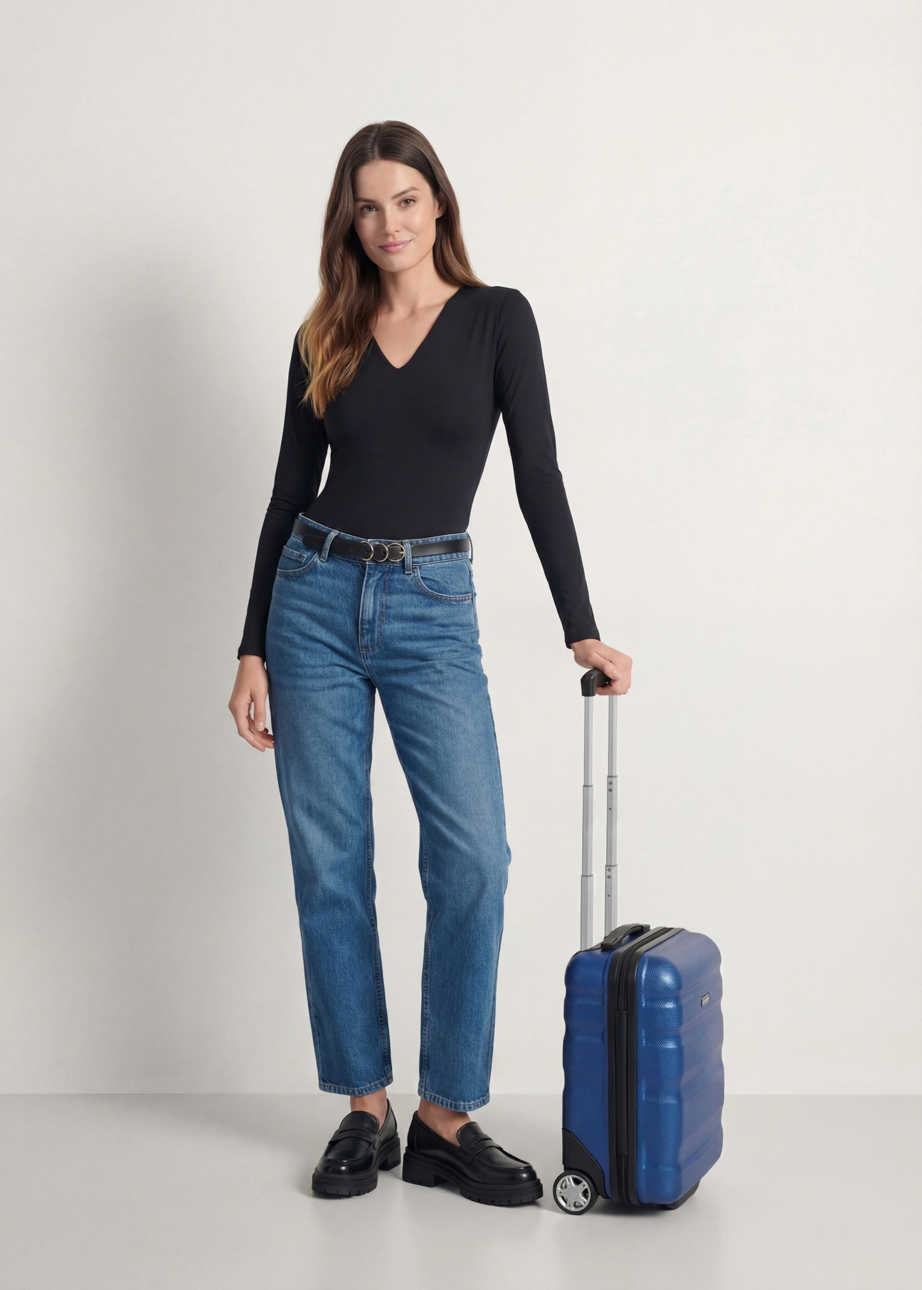 Cabin suitcase on wheels WALPC-0012-69-16(W25), product view diagonally next to the model, the entire silhouette is visible.