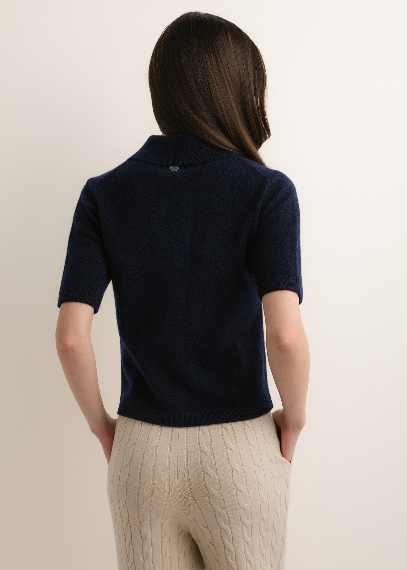 Dark navy blue women's wool sweater BLUDT-0222-7E(Z26), rear view on a model. Half-body shot.