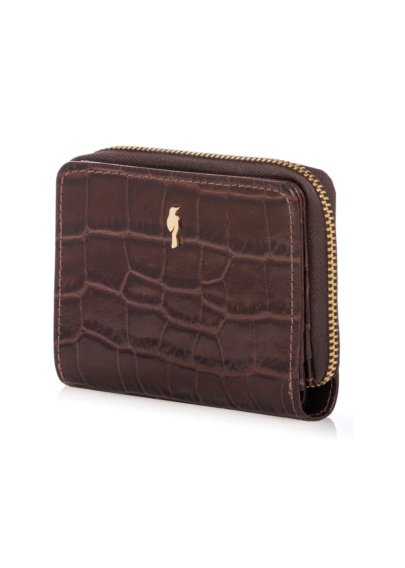 Brown women's croco wallet PORES-0888-1H(W26), diagonal product view on white background.