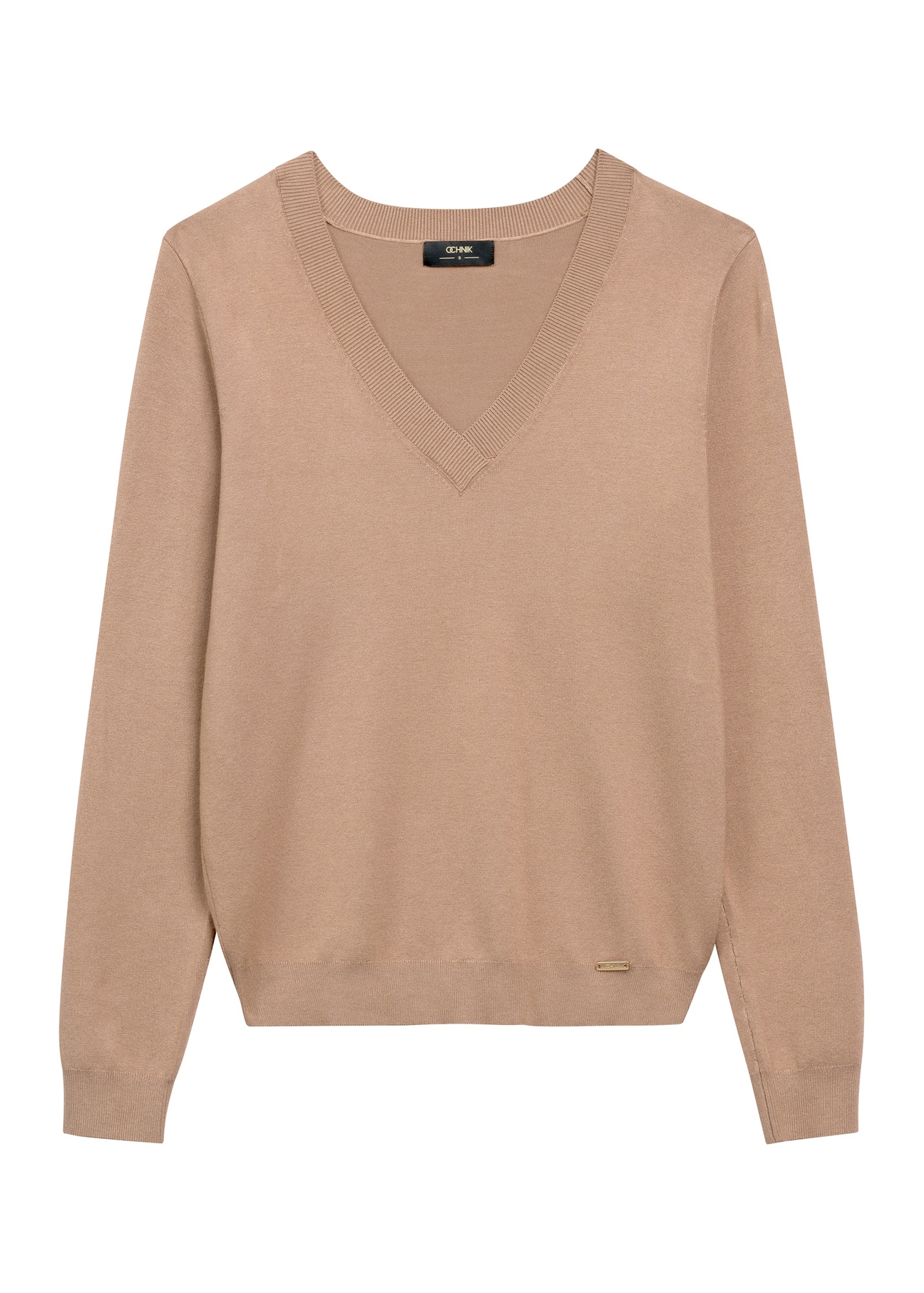 Women's V-neck sweater in camel color SWEDT-0201-1D(W26), front product view on white background.