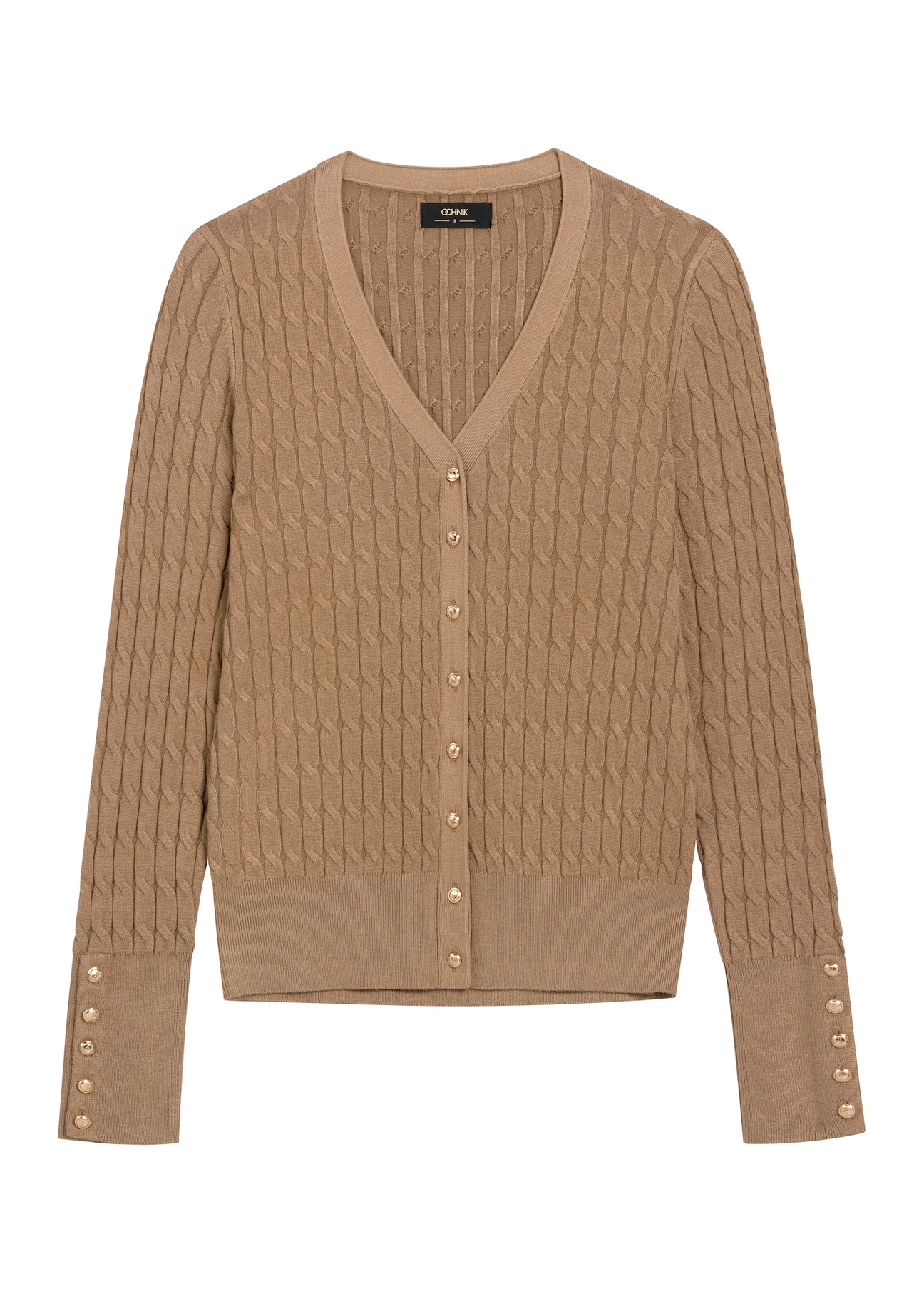 Women's camel cardigan with buttons KARDT-0044A-1D(Z26), front product view on white background.