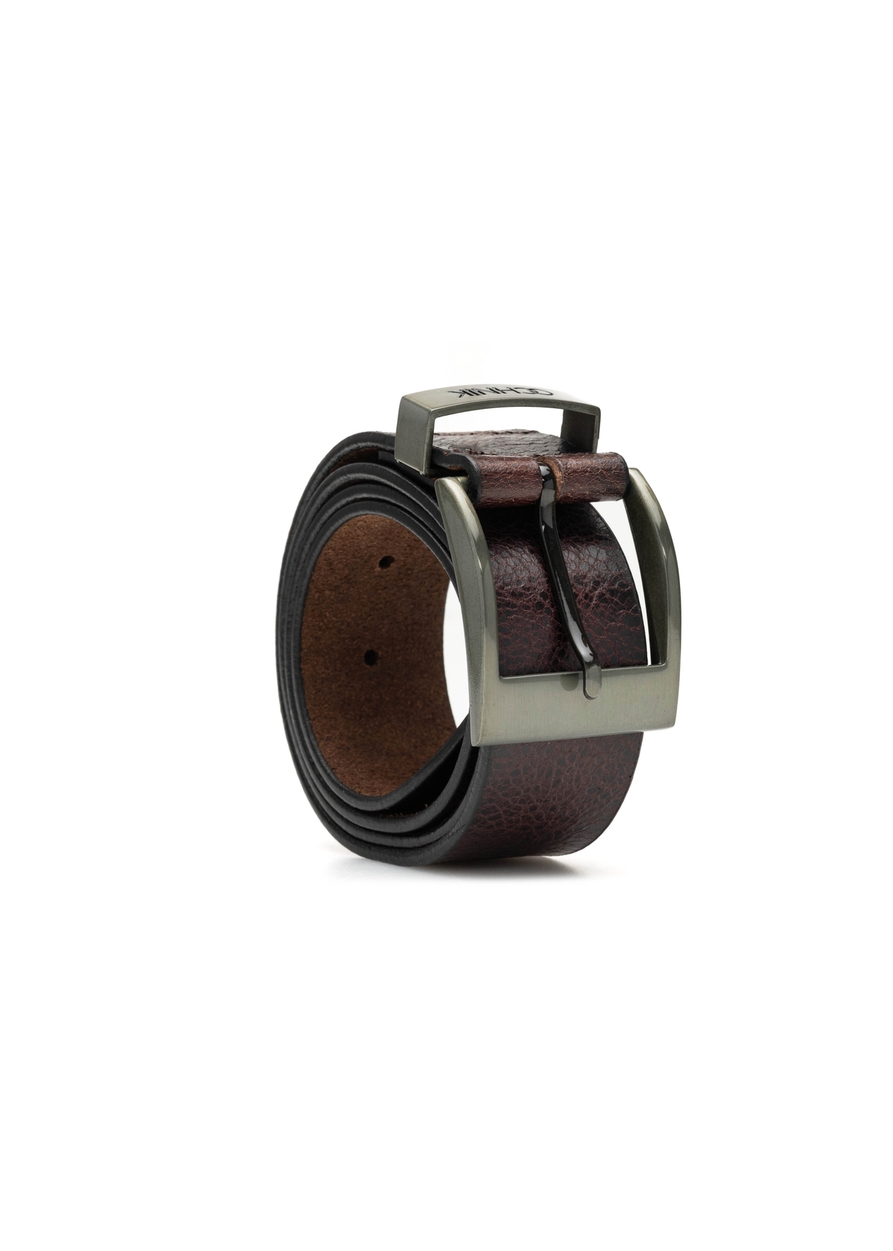Men's dark brown leather belt PASMS-0274-88(Z25), diagonal product view on white background.