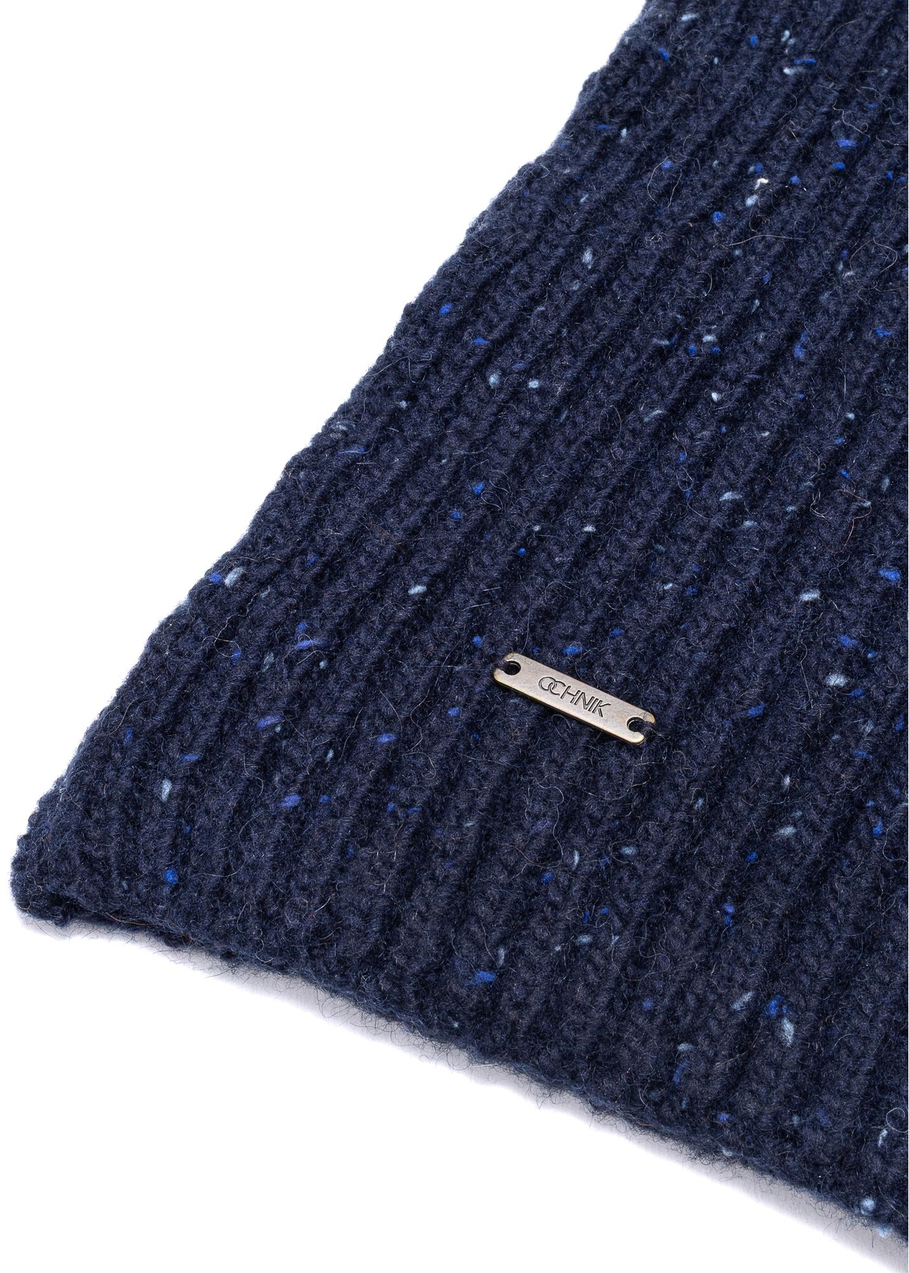 Navy blue wool men's scarf SZAMT-0086-69(Z25) - close-up of the front detail on a white background.