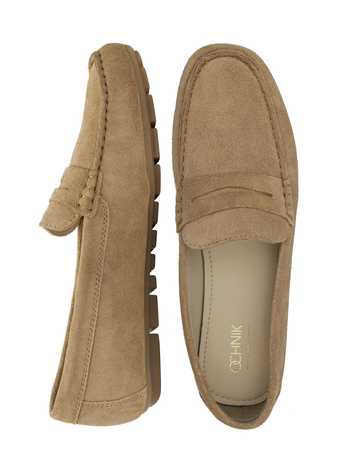 Women's leather moccasins in cool beige color BUTYD-1262-1K(W26), product view from above on a white background.
