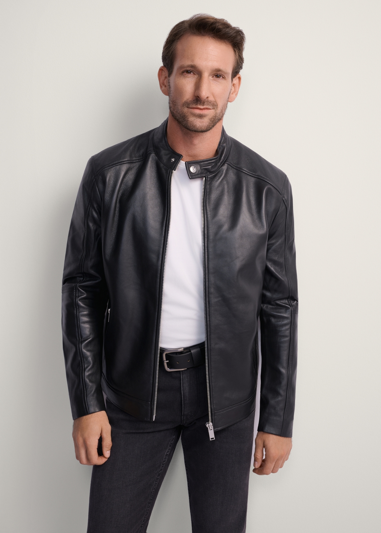 Men's leather jacket with stand-up collar KURMS-0298-1040(KS), front product view on model. Half silhouette visible.