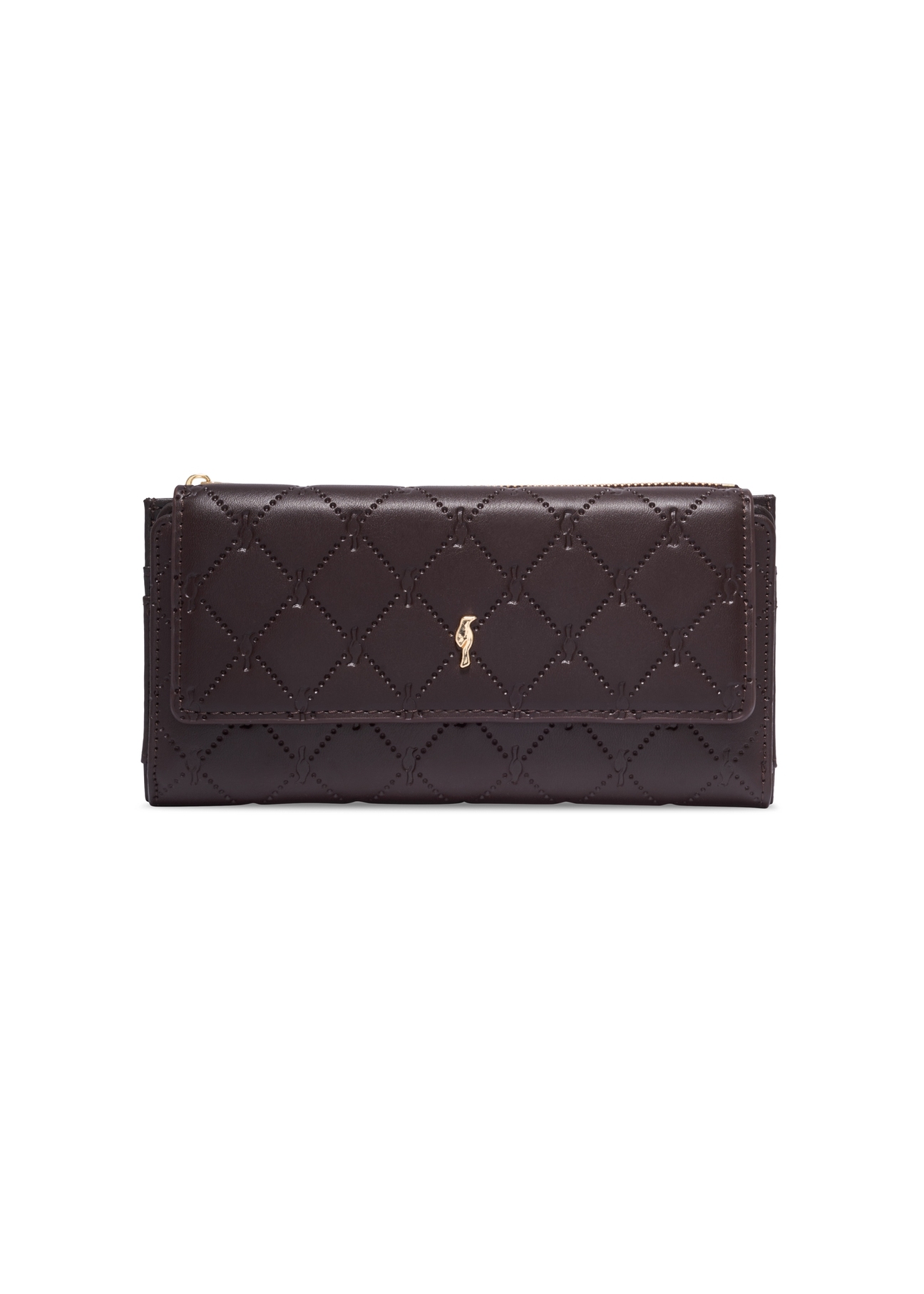 Large brown women's wallet with monogram POREC-0347A-1I(Z26), front product view on white background.