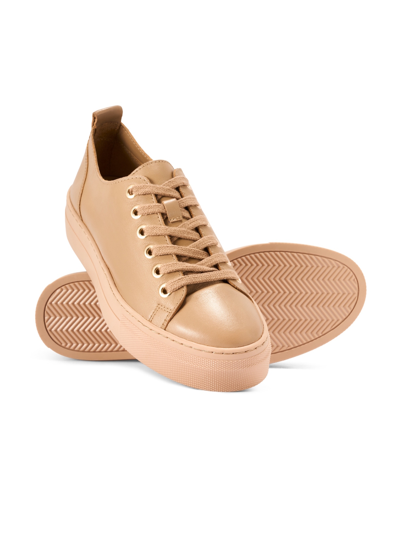 Beige women's leather sneakers BUTYD-1062-1B(W26), diagonal product view on a white background.