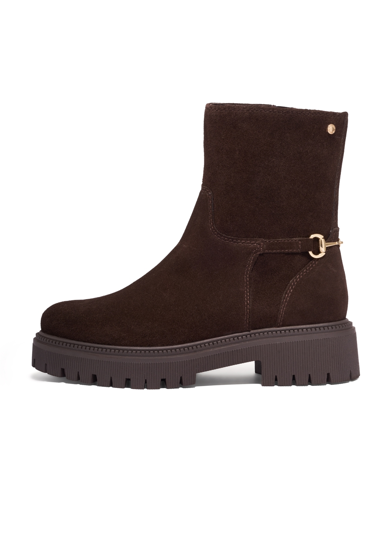 Dark brown suede women's ankle boots BUTYD-1282-1I(Z26), side product view on white background.