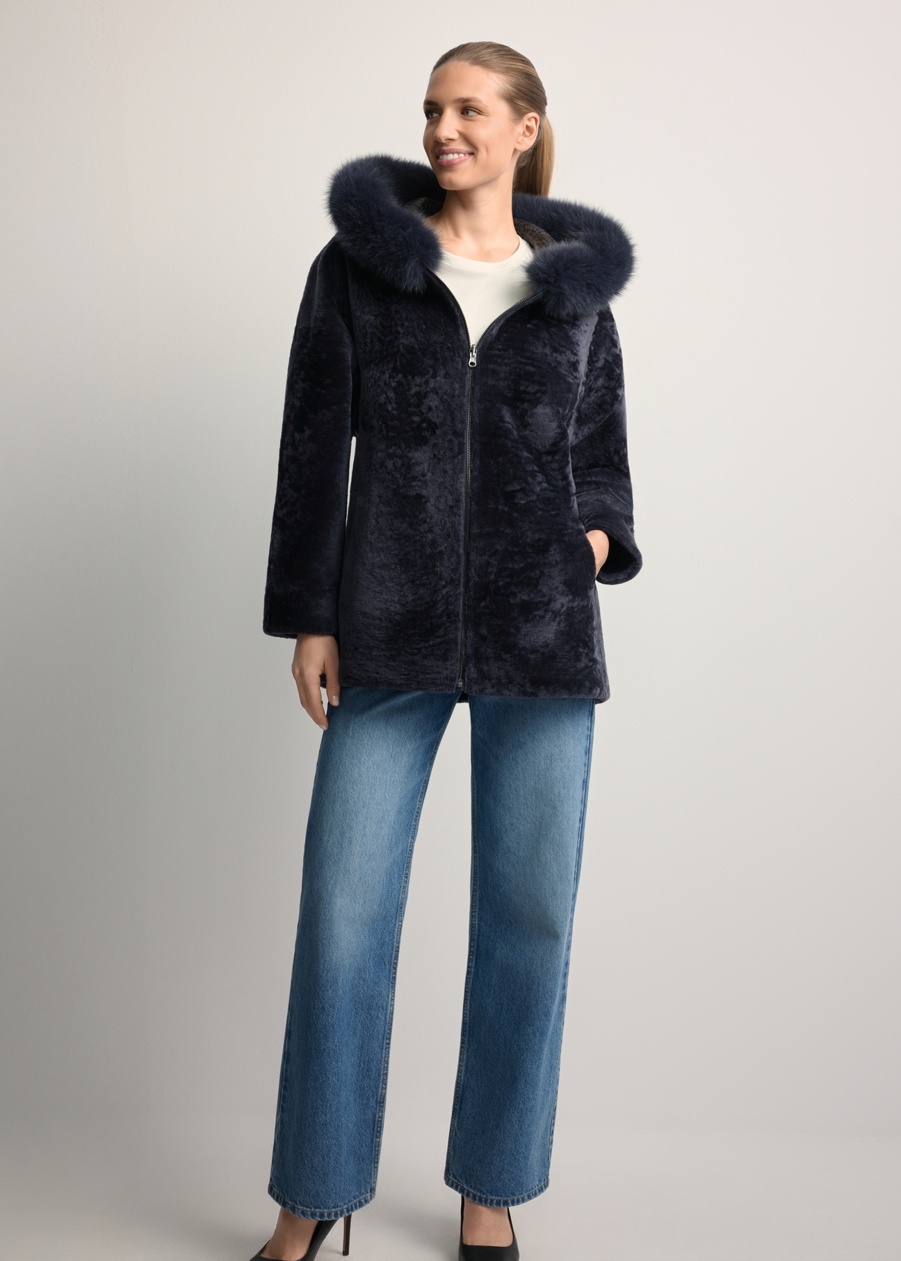 Women's double-sided leather sheepskin coat KOZDS-0094-1397(Z25), front view of the product on a model. Full body visible.
