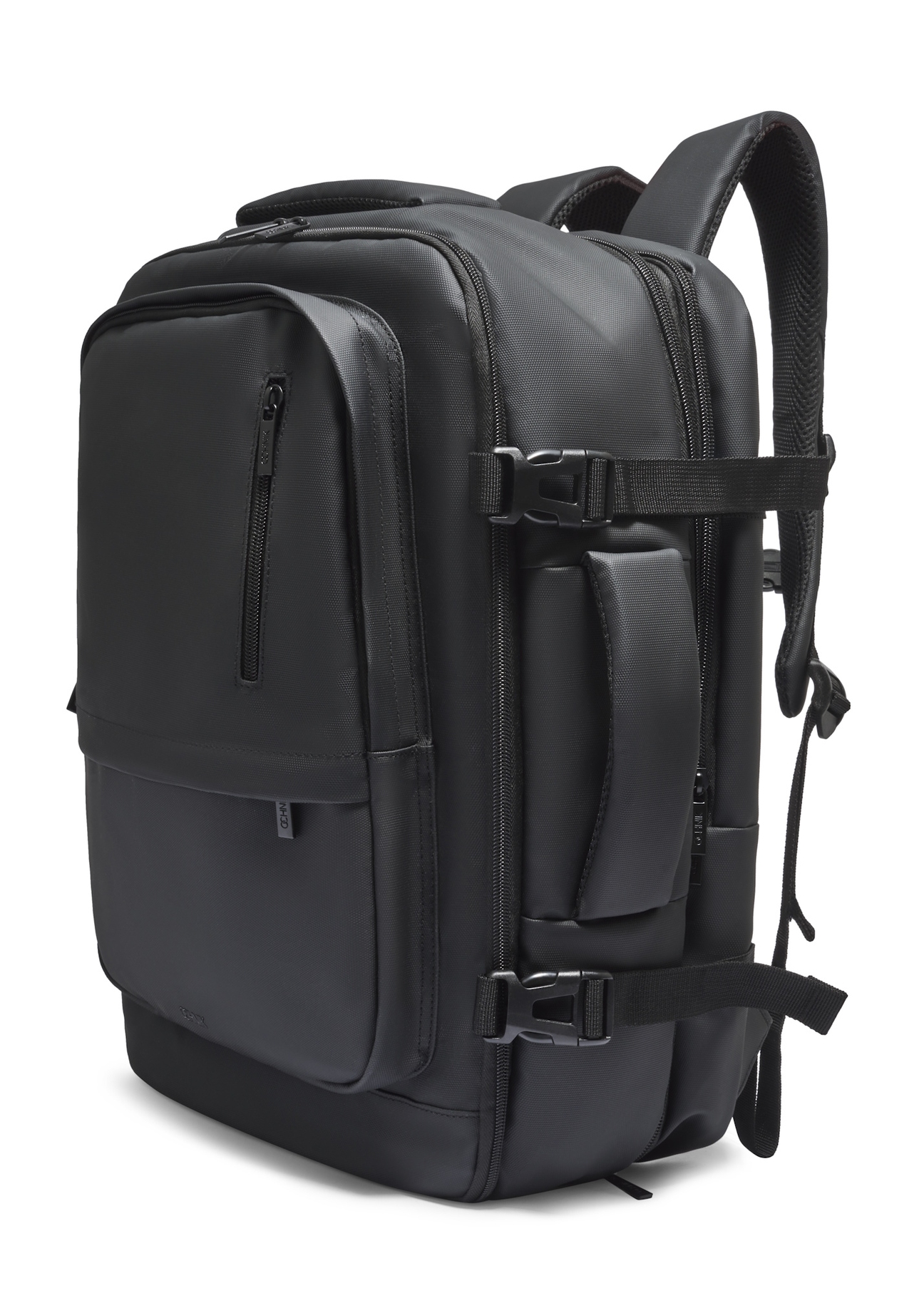 Black large travel backpack PLCMN-0018-99(Z26), diagonal product view on white background.