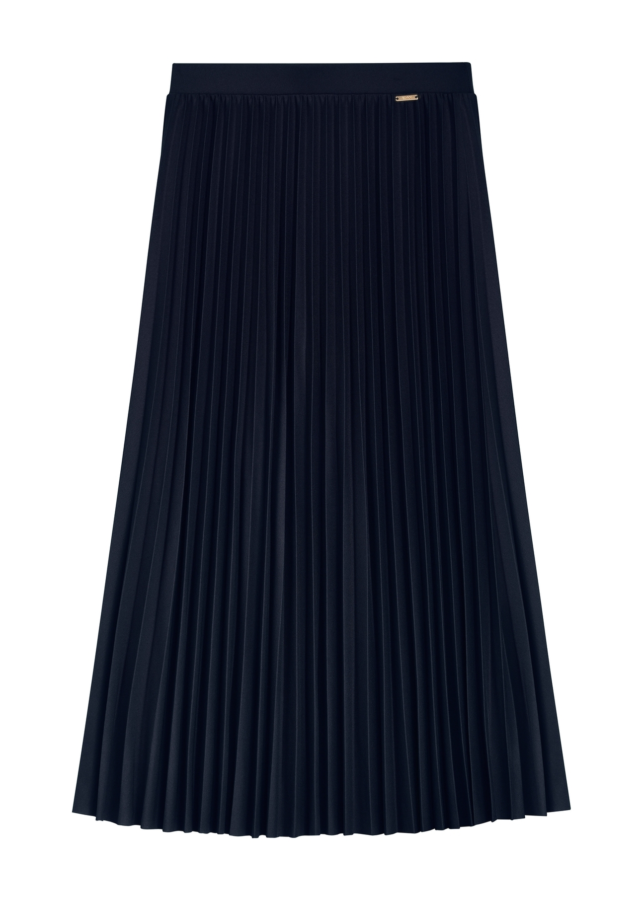 Navy blue pleated midi skirt SPCDT-0096-7E(W26), front product view on white background.