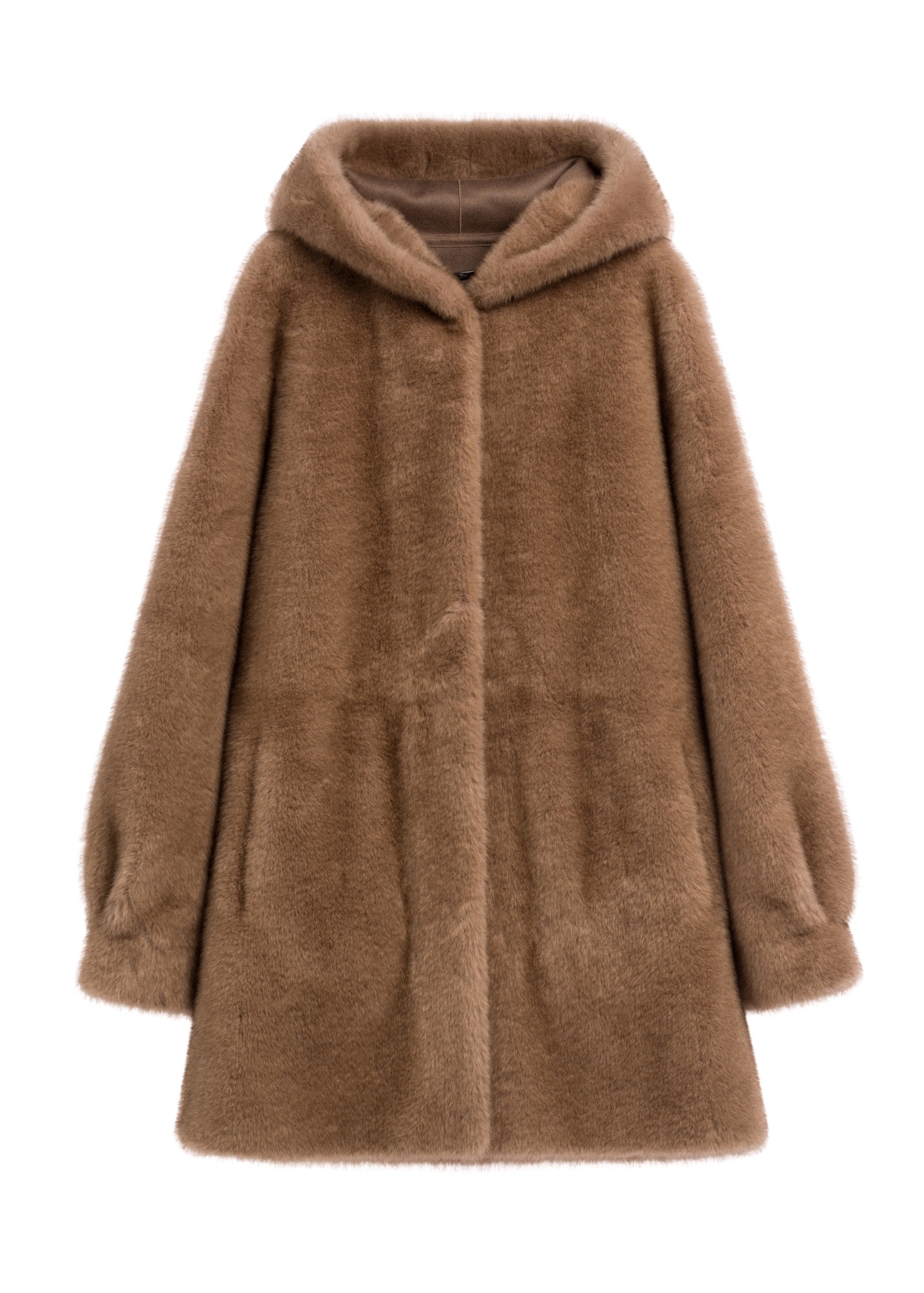 Beige women's fur coat with hood FUTDP-0062-1B(Z26)