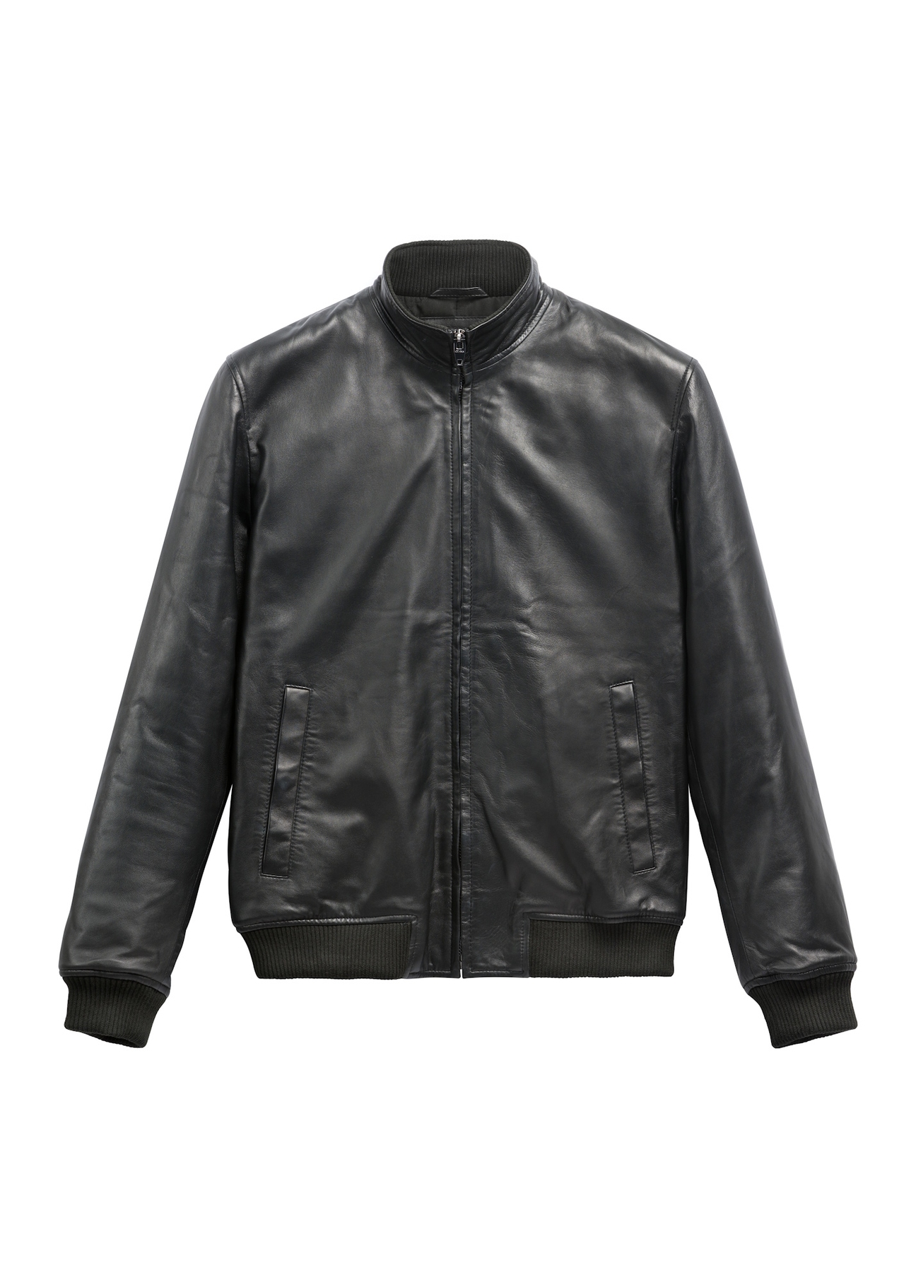 Men's black leather bomber jacket KURMS-0418-99(Z26), front product view on white background.