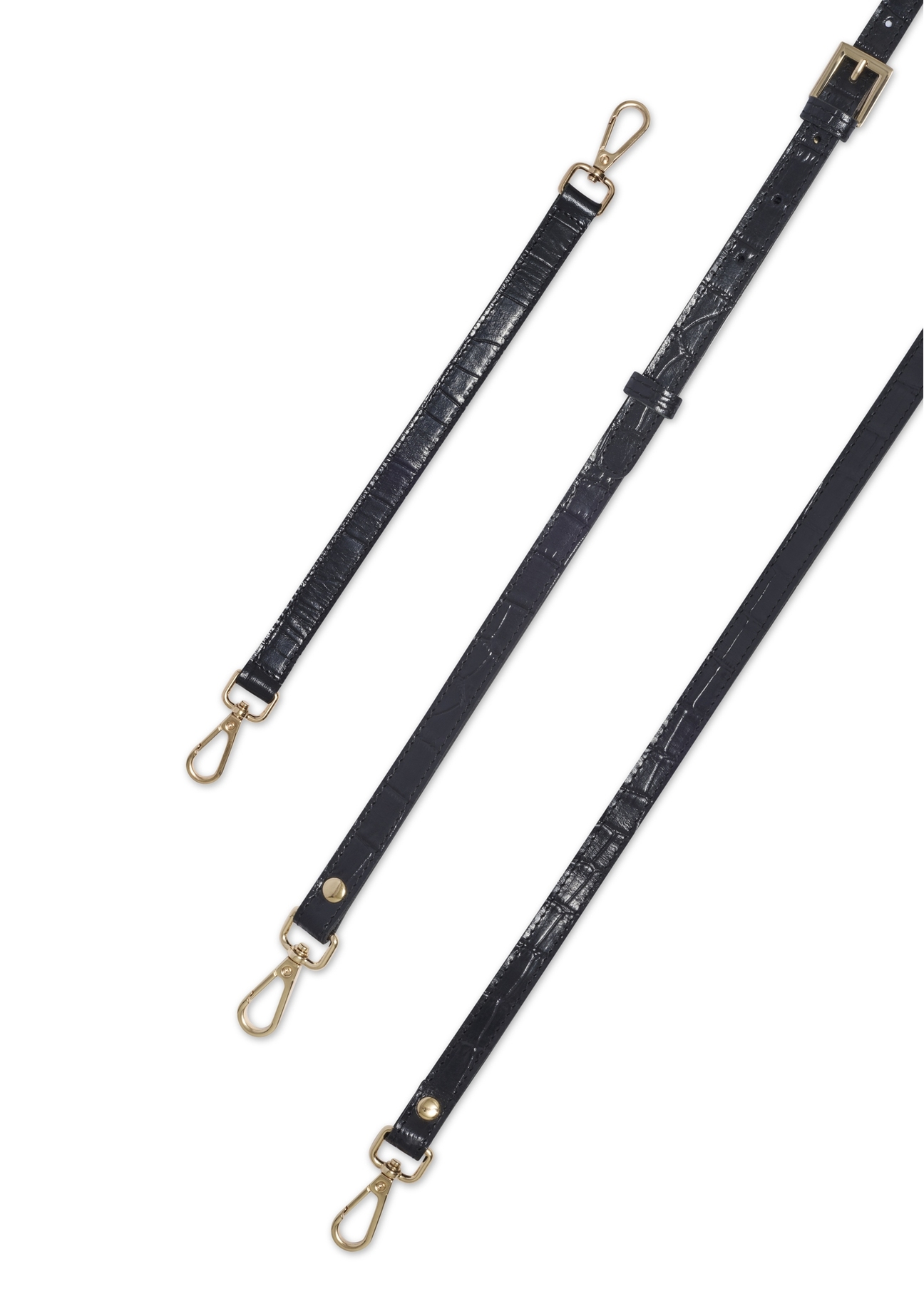 Black leather croco handbag TORES-1326-9G(Z26), close-up view of the straps on a light background.