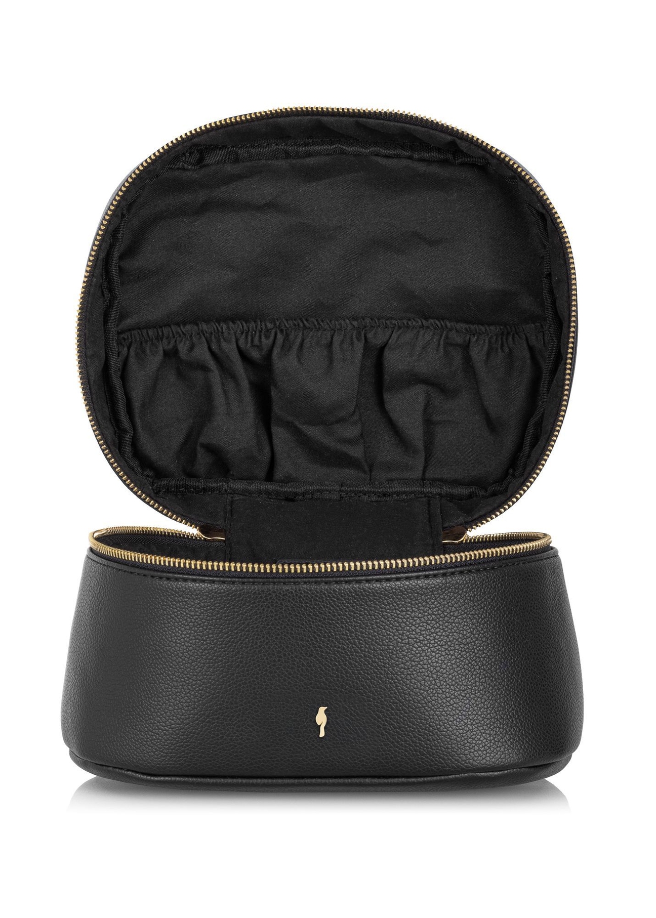 Black round women's cosmetic bag TOREC-0919B-99(Z25) - product view of the open product from the front on a white background.
