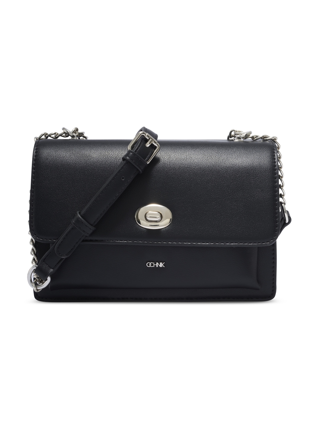 Small black women's handbag with an elegant clasp TOREC-1322-99(Z26), front view of the product on a light background.