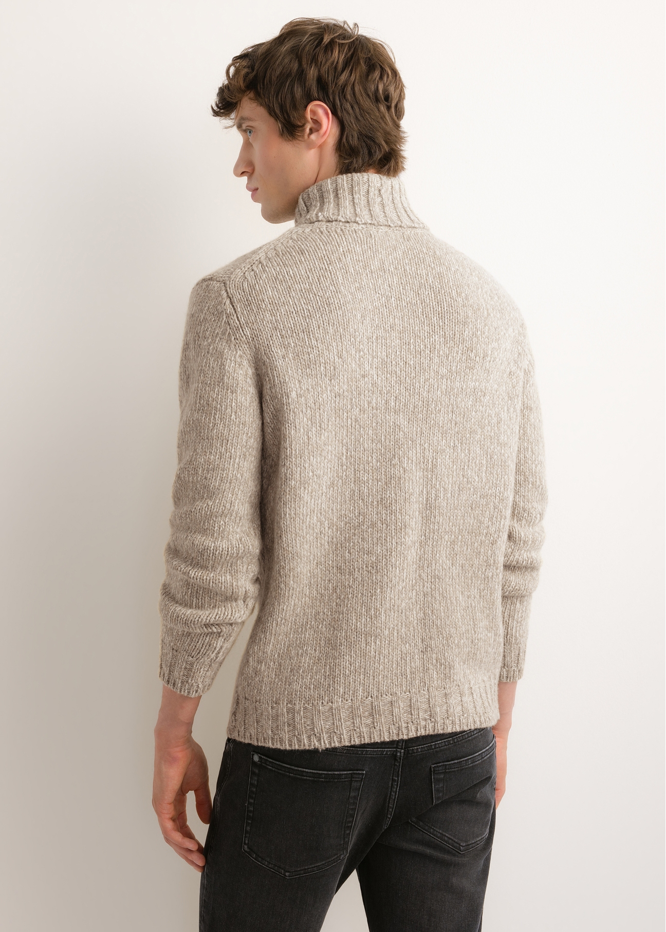 Men's light beige wool turtleneck SWEMT-0214-1A(Z26), back view on a model. Half-body shot.